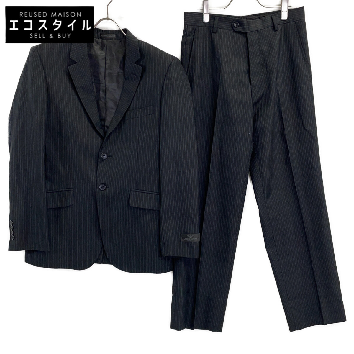 GIORGIO ARMANI ジョルジオアルマーニ LE COLLEZIONI ストライプ ウール 2Bシングル スーツ セットアップ ブラック メンズ 【中古】