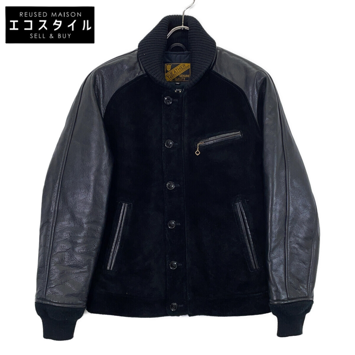 Y'2 LEATHER ワイツーレザー ﾌﾞﾗｯｸ TB-136 ｽｴｰﾄﾞ×ﾚｻﾞｰ ﾘﾌﾞｼﾞｬｹｯﾄ ジャケット 36 ブラック メンズ 【中古】