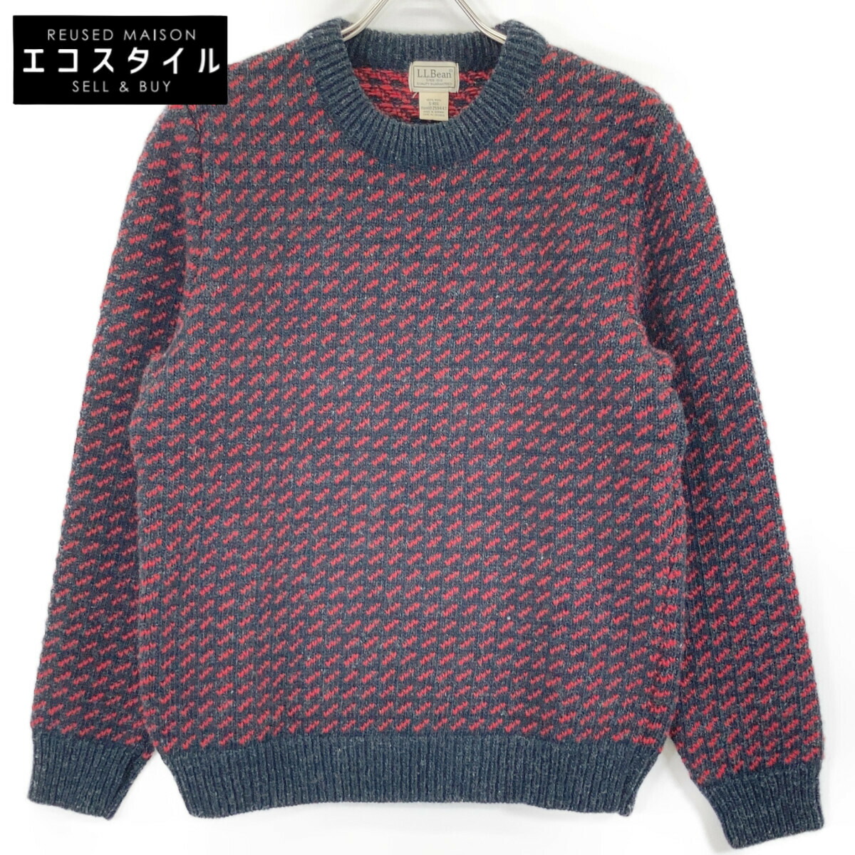 LLBean エルエルビーン ﾉﾙｳｪｰ製 ﾌﾞﾗｯｸ×ﾚｯﾄﾞ ﾊﾞｰｽﾞｱｲ ﾆｯﾄｾｰﾀｰ トップス S ブラック／レッド メンズ 【中古】
