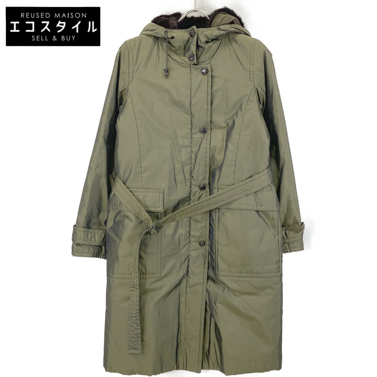 Max Mara マックスマーラ 【RAINWEAR】14860803 カーキ 毛革ラインドライヴ付き添い人フーデットコート 厚地の外套   42 カーキ レディース 【中古】