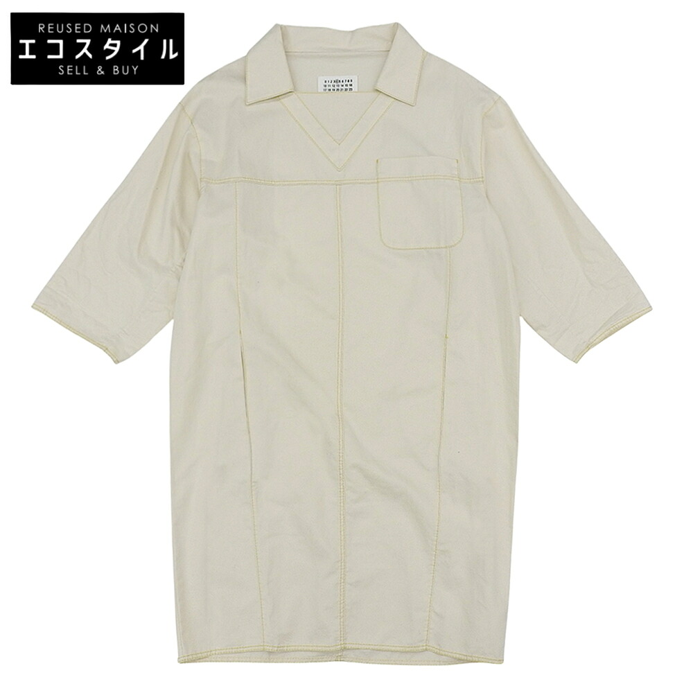 Maison Margiela メゾンマルジェラ コットンリネン ステッチデザイン7分袖プルオーバーワンピース レディース アイボリー 38 51CT081943440 ワンピース 38 アイボリー レディース 【中古】