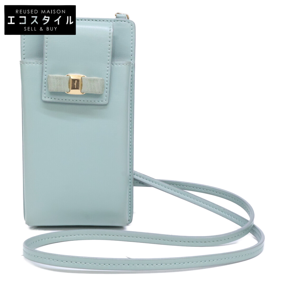 Salvatore Ferragamo サルヴァトーレフェラガモ JP-22-0381 ヴァラリボン チェーンストラップ スマホケース 余分の物   ペパーミント緑であること レディース 【中古】