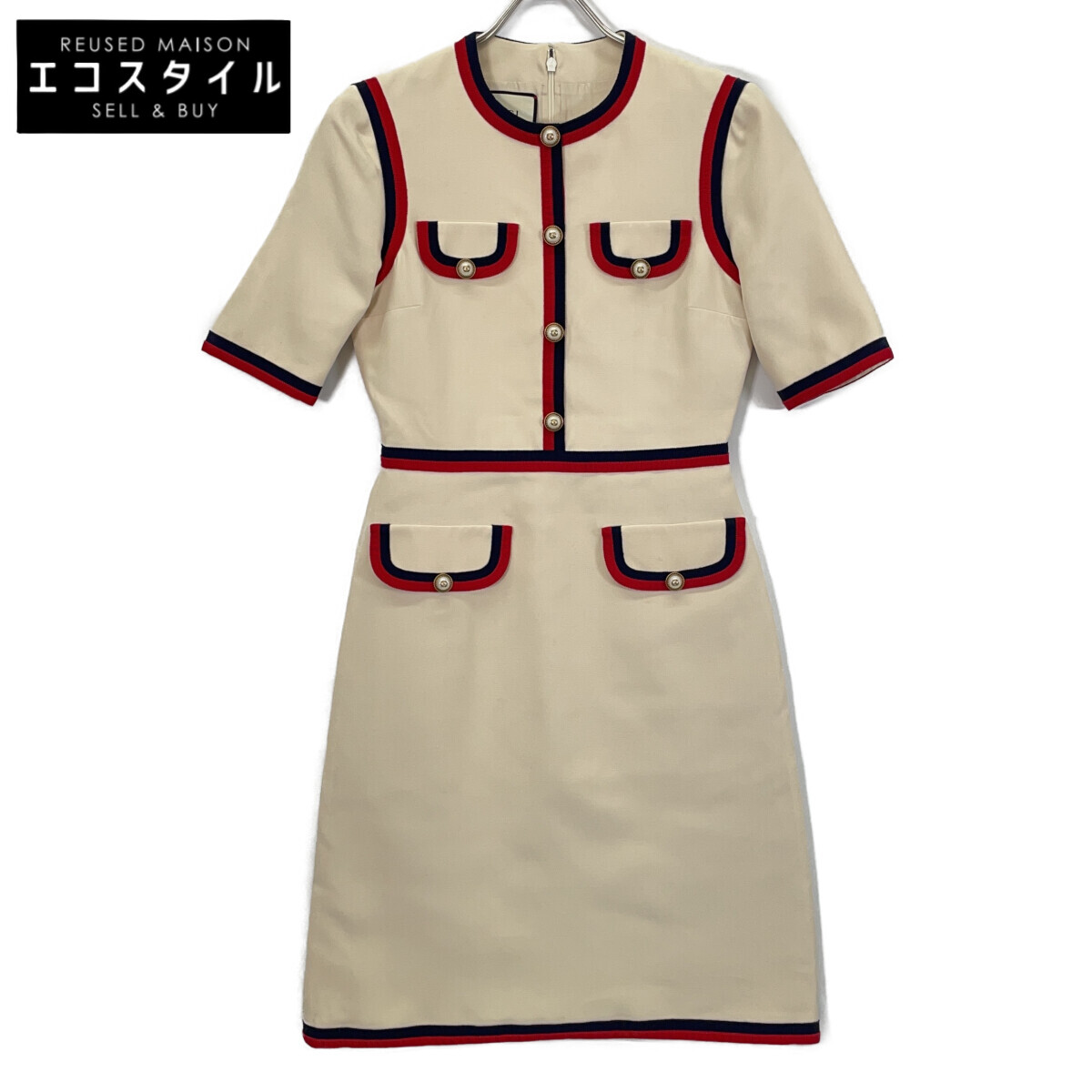GUCCI グッチ 475850 18年 ﾎﾜｲﾄ ｲﾝﾀｰﾛｯｷﾝｸﾞG ﾊﾟｰﾙﾎﾞﾀﾝ ｳｪﾌﾞﾄﾘﾑﾜﾝﾋﾟｰｽ ワンピース 38 アイボリー レディース 【中古】