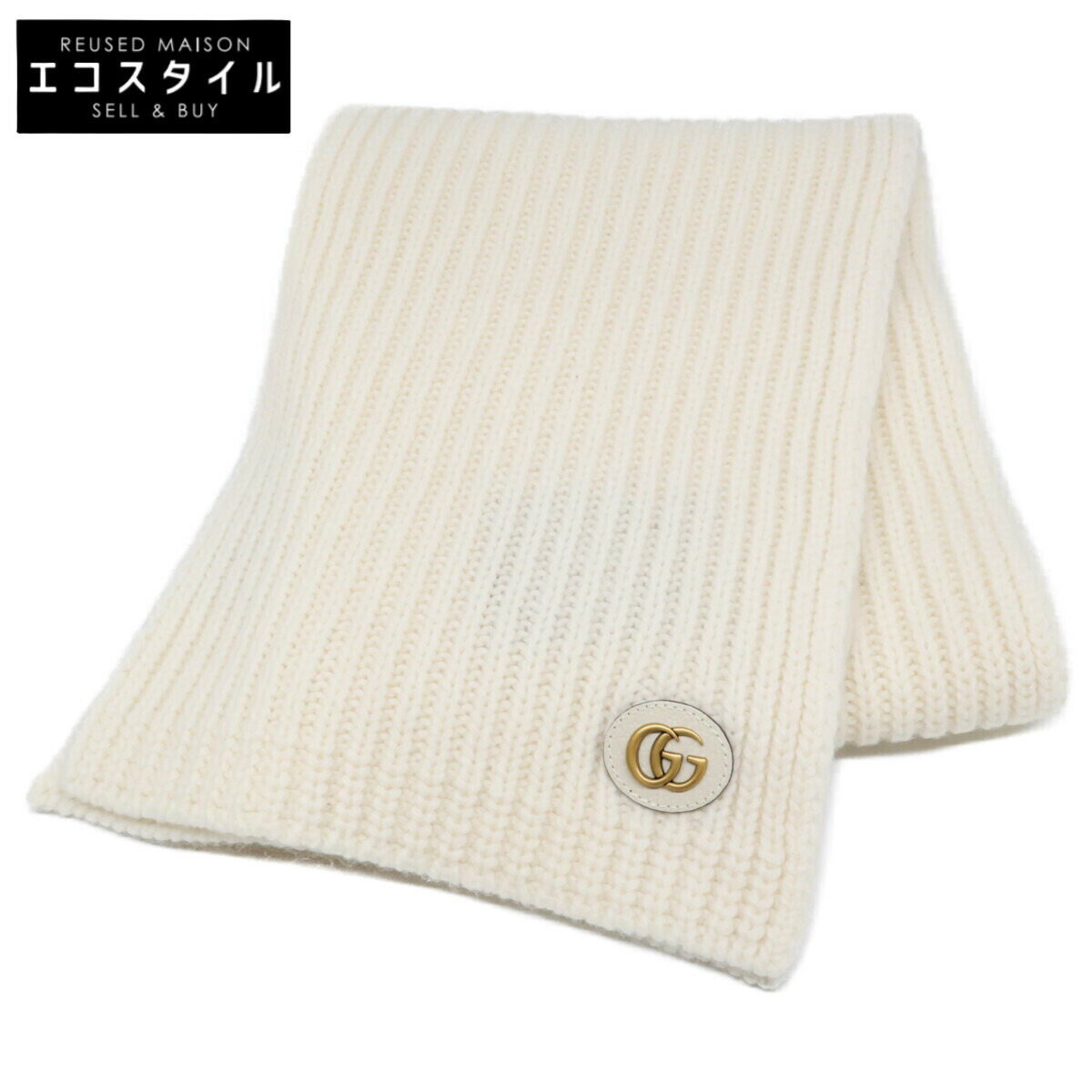 GUCCI グッチ 【新品同様】773426 3GB02 9200 ダブルG付き ウールカシミア スカーフ マフラー 25X180cm アイボリー レディース 【中古】