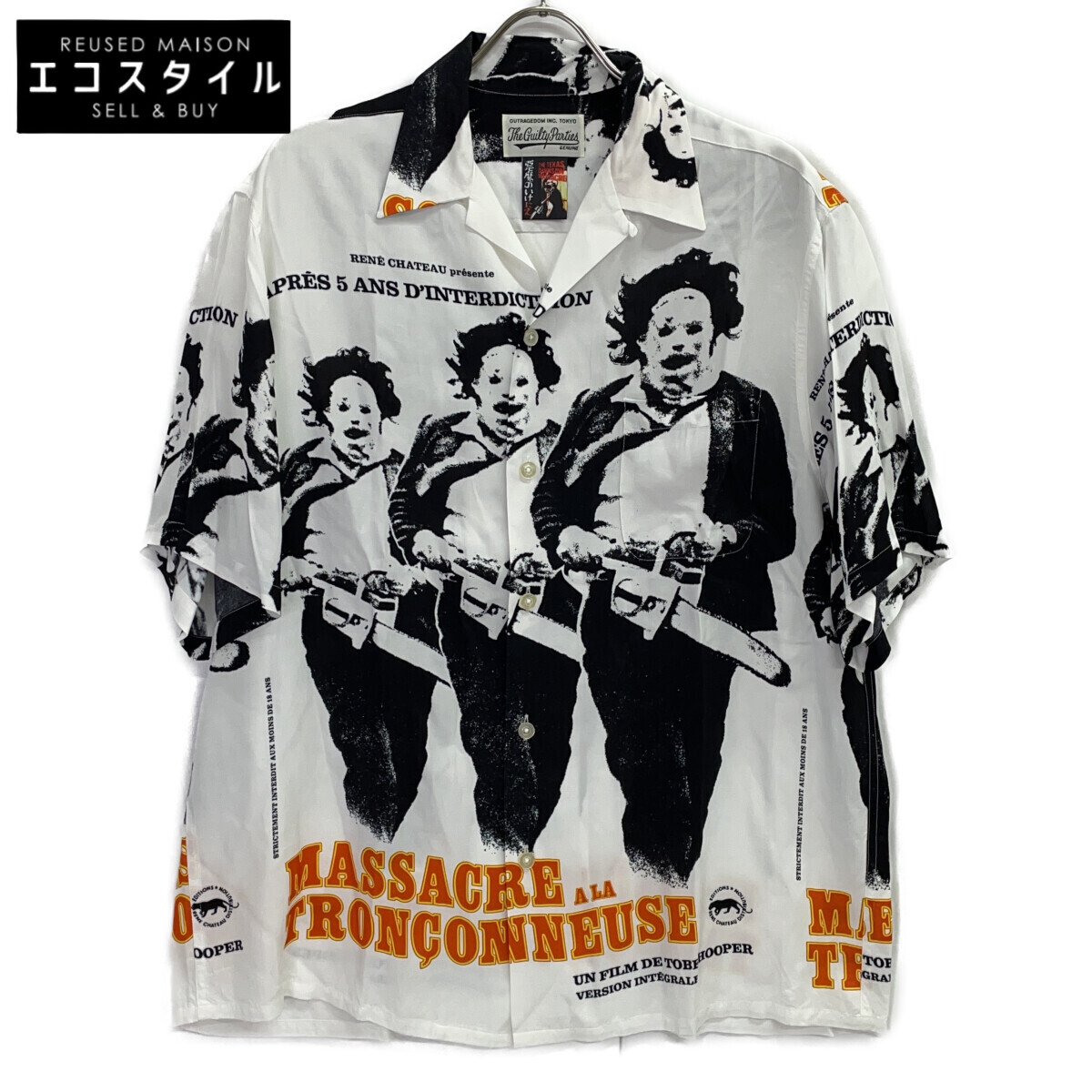 WACKO MARIA ワコマリア ﾎﾜｲﾄ×ﾌﾞﾗｯｸ ﾚｰﾖﾝ THE TEXAS CHAINSAW MASSACRE/悪魔の生贄 ｼｮｰﾄｽﾘｰﾌﾞｵｰﾌﾟﾝｶﾗｰｼｬﾂ トップス L ホワイト×ブラック メンズ 【中古】