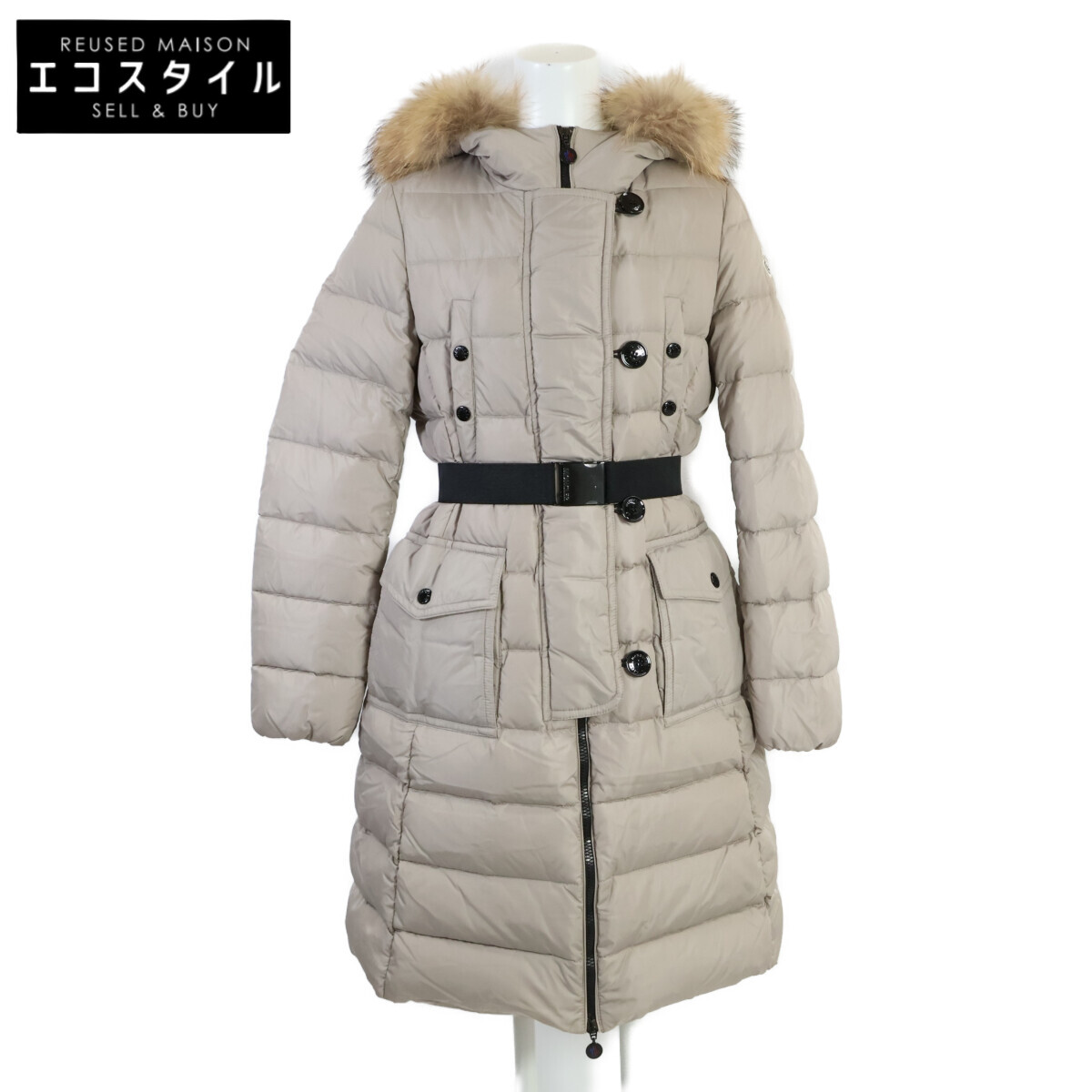 MONCLER モンクレール 【美品】GENEVRIER ジェノブリエ ベルト/ファー付 フーディロングダウン コート 0 ライトグレー レディース 【中古】