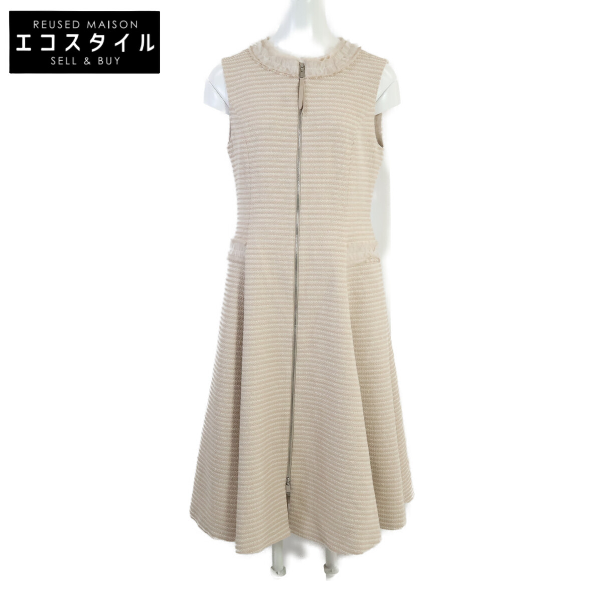 FOXEY フォクシー 【新品負けず劣らず/25年製】45486 TWEED FETE 向こう正面チャック ノースリーブ 衣裳 40 牡蛎ベージュ/白いこと レディース 【中古】