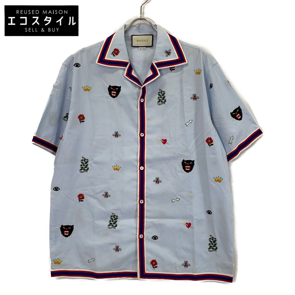 GUCCI グッチ 521782 18年 点火装置青碧 刺しゅう 総柄 突き抜く半袖プルオーバー トップス   52 点火装置青碧 メンズ 【中古】