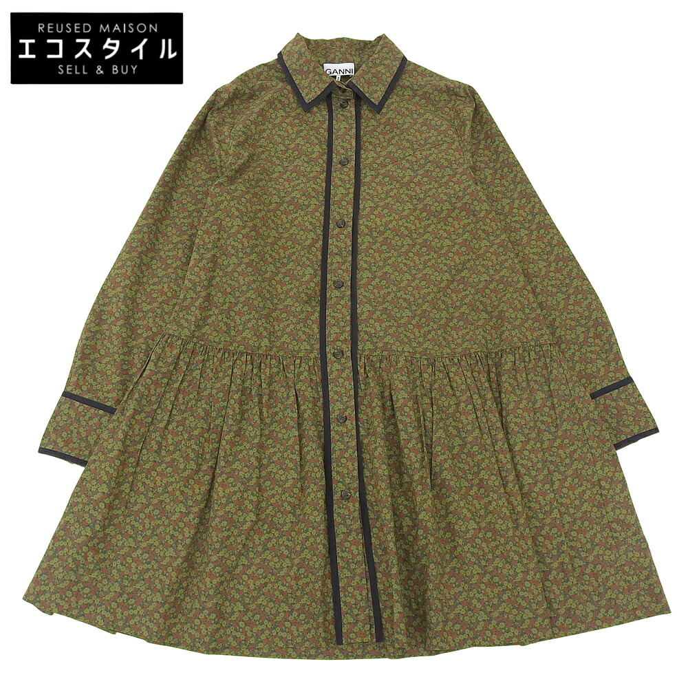 GANNI ガニー Printed Cotton Mini Shirt Dress プルオーバー 衣装 レディース 緑であること系 36 64J10294  F8523 衣装   36 緑であること系 レディース 【中古】