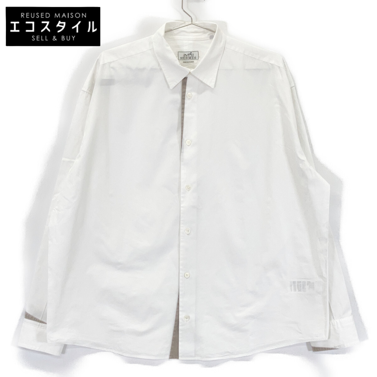 HERMES エルメス 21AW 12-5607 白いこと×薄墨色 綿織物 セリエカフスボタン レギュラーカラーオーバーサイズシャツ」 トップス   40 白いこと メンズ 【中古】