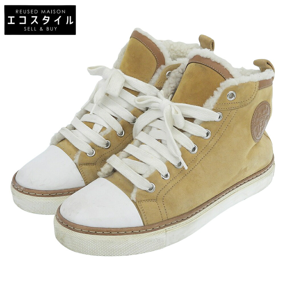 HERMES エルメス ジミー スウェード ムートン ハイカット スニーカー シューズ レディース ベージュ36 シューズ 36 ベージュ レディース 【中古】 28,529円