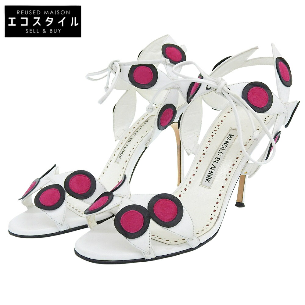 MANOLO BLAHNIK マノロブラニク ナッパレザー ドットデザイン アンクルストラップ ヒールパンプス ホワイト×ピンク 37 MBOLE105 シューズ 37 ホワイト/ピンク レディース 【中古】