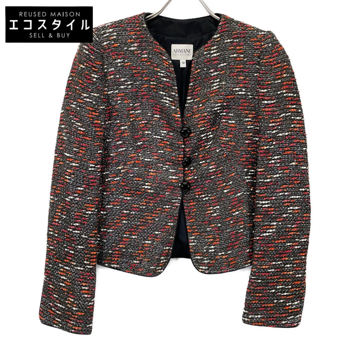 ARMANI COLLEZIONI アルマーニコレッツォーニ ﾌﾞﾗｳﾝ×ｵﾚﾝｼﾞ HMG05T HM176 ﾐｯｸｽﾂｲｰﾄﾞ ｼﾞｬｹｯﾄ ジャケット 38 グレー オレンジ レディース 【中古】