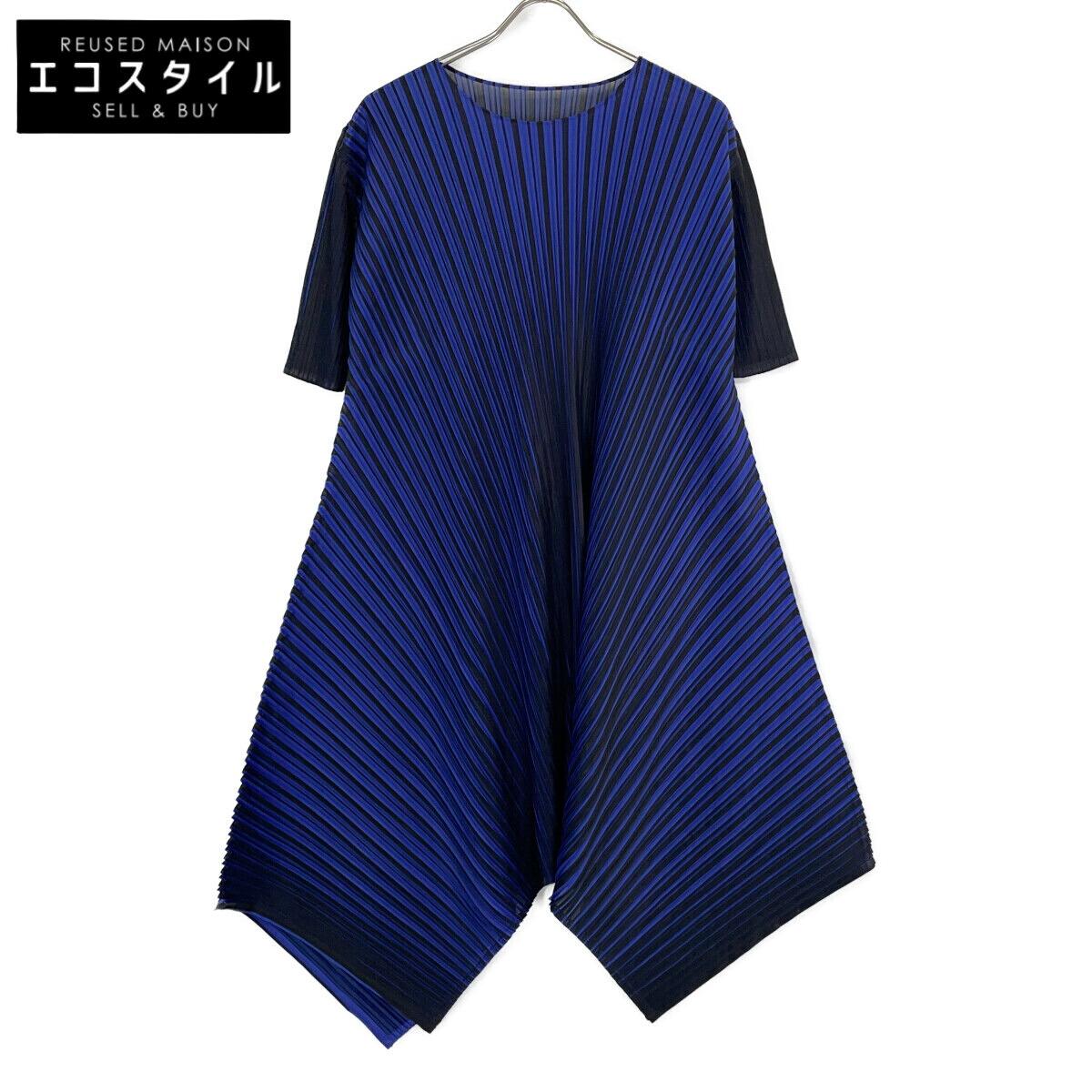 PLEATS PLEASE プリーツプリーズ ﾌﾞﾙｰ/ﾌﾞﾗｯｸ PP83-JH544 ﾗｳﾝﾄﾞﾈｯｸ ｼｮｰﾄｽﾘｰﾌﾞ変形ﾜﾝﾋﾟｰｽ ワンピース 3 パープル×ブラック レディース 【中古】
