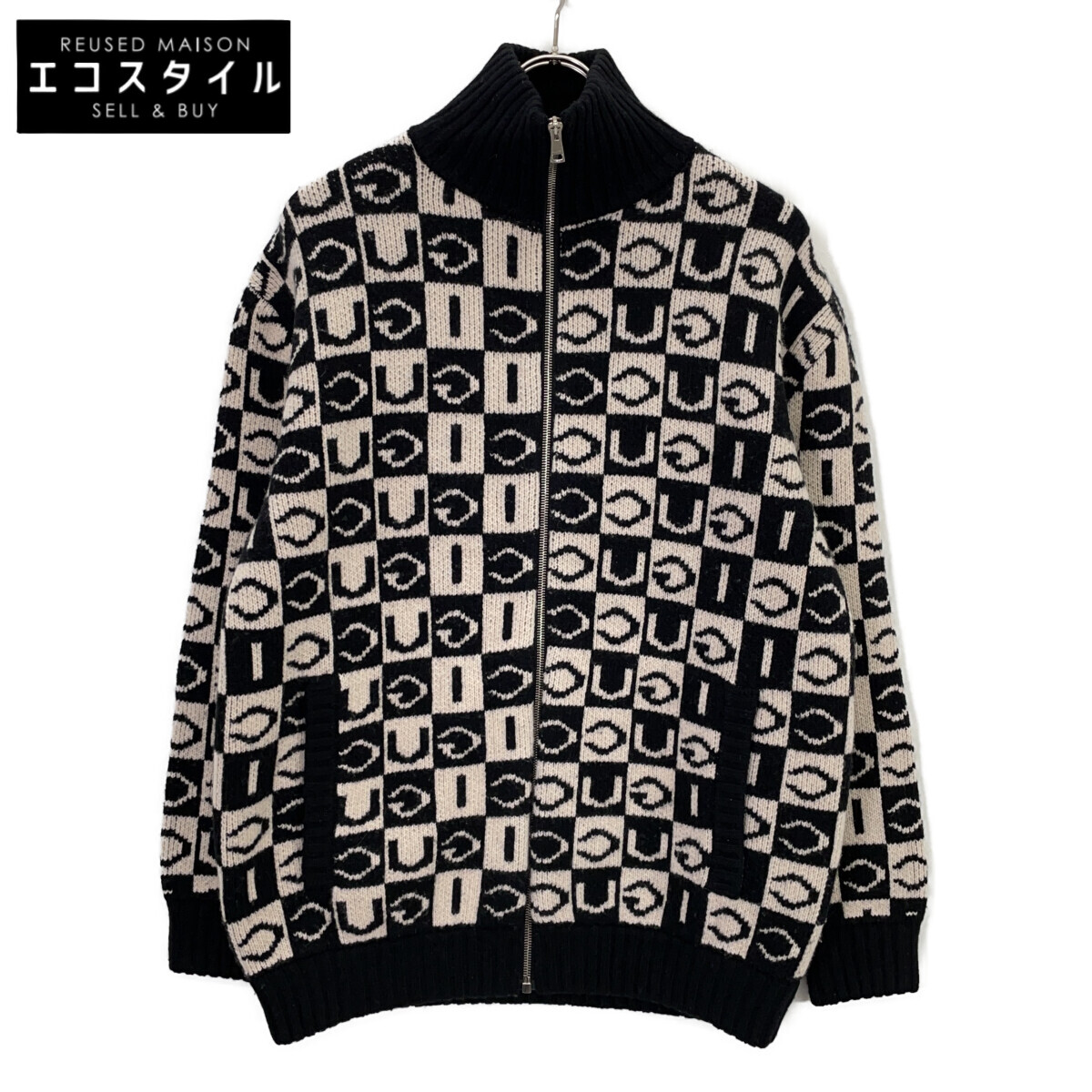 GUCCI グッチ 595481 ﾌﾞﾗｯｸ×ﾎﾜｲﾄ ﾛｺﾞｼﾞｬｶﾞｰﾄﾞ ｼﾞｯﾌﾟｱｯﾌﾟ ﾆｯﾄ ｼﾞｬｹｯﾄ 上衣 XS 黒いこと×白いこと メンズ 【中古】