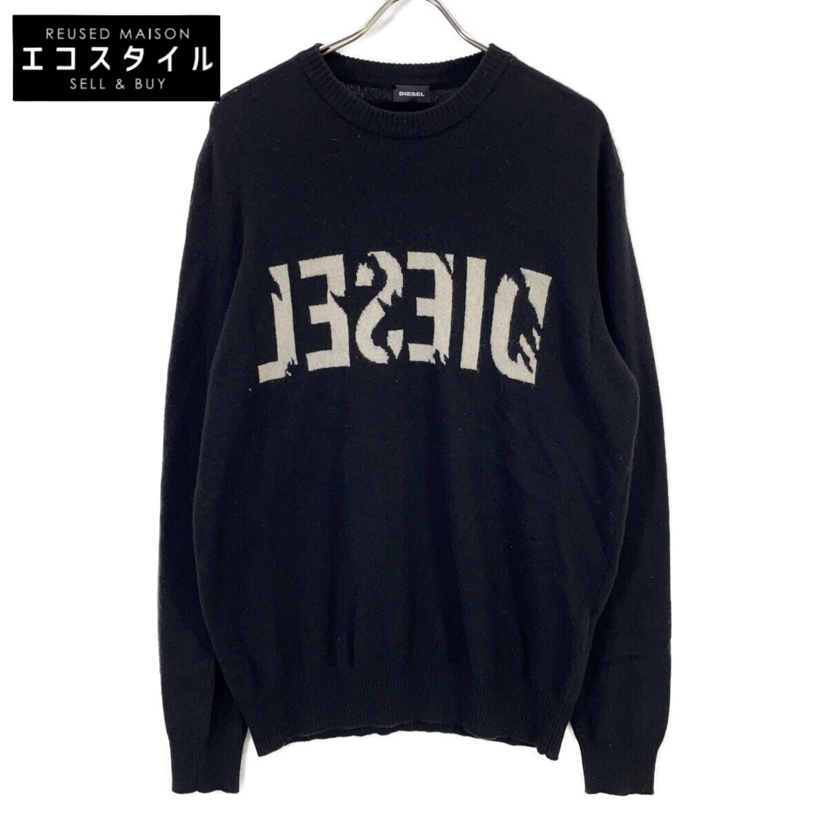 DIESEL ディーゼル ﾌﾞﾗｯｸ ｳｰﾙ ﾌﾛﾝﾄﾛｺﾞﾆｯﾄ ｶｼﾐｱ トップス XL ブラック メンズ 【中古】