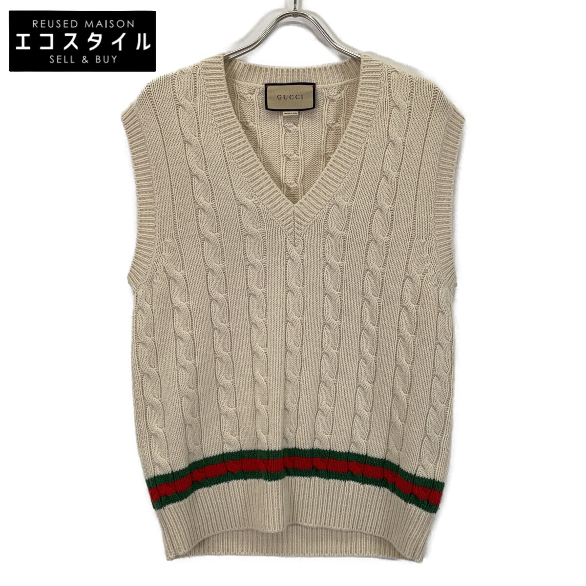 GUCCI グッチ 681081 ﾎﾜｲﾄ ﾗｲﾝ ﾆｯﾄﾍﾞｽﾄ より良い M 白いこと レディース 【中古】