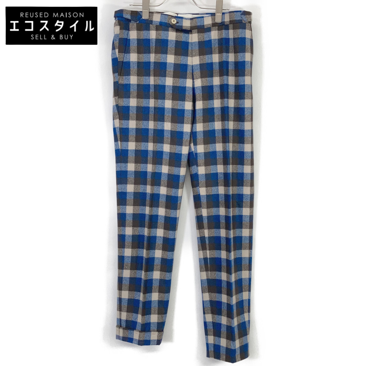 ISAIA イザイア ﾌﾞﾙｰ 7270 ﾁｪｯｸ柄 ｳｰﾙﾊﾟﾝﾂ ボトムス 50 ブルー×ブラウン メンズ 【中古】