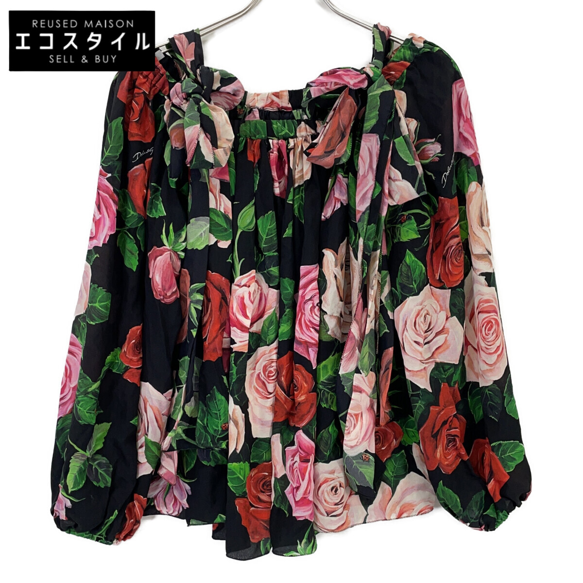 DOLCE\u0026GABBANA ドルチェアンドガッバーナ F73G6T HS103 ローズプリントオフショルダーシルクブラウス トップス   44 黒いこと レディース 【中古】