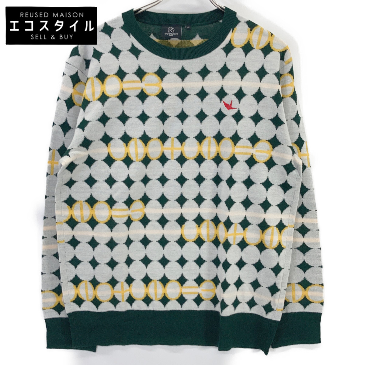 1piu1uguale3 ウノピゥウノウグァーレトレ 【GOLF】GRK067-WOA017 ｸﾞﾘｰﾝ G.CREWKNIT GOLF BALL 総柄ｸﾙｰﾈｯｸﾆｯﾄ トップス IV グリーン メンズ 【中古】
