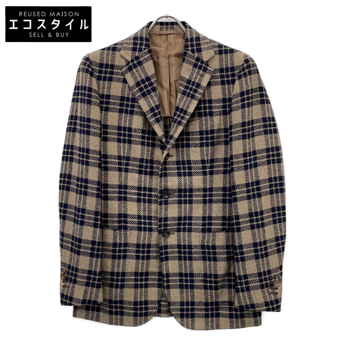 STILE LATINO スティレラティーノ ﾈｲﾋﾞｰﾍﾞｰｼﾞｭ GUVINCENZO35 GM21999 ｳｰﾙﾅｲﾛﾝ ﾁｪｯｸ ｼﾞｬｹｯﾄ ジャケット 46 ネイビー×ベージュ メンズ 【中古】