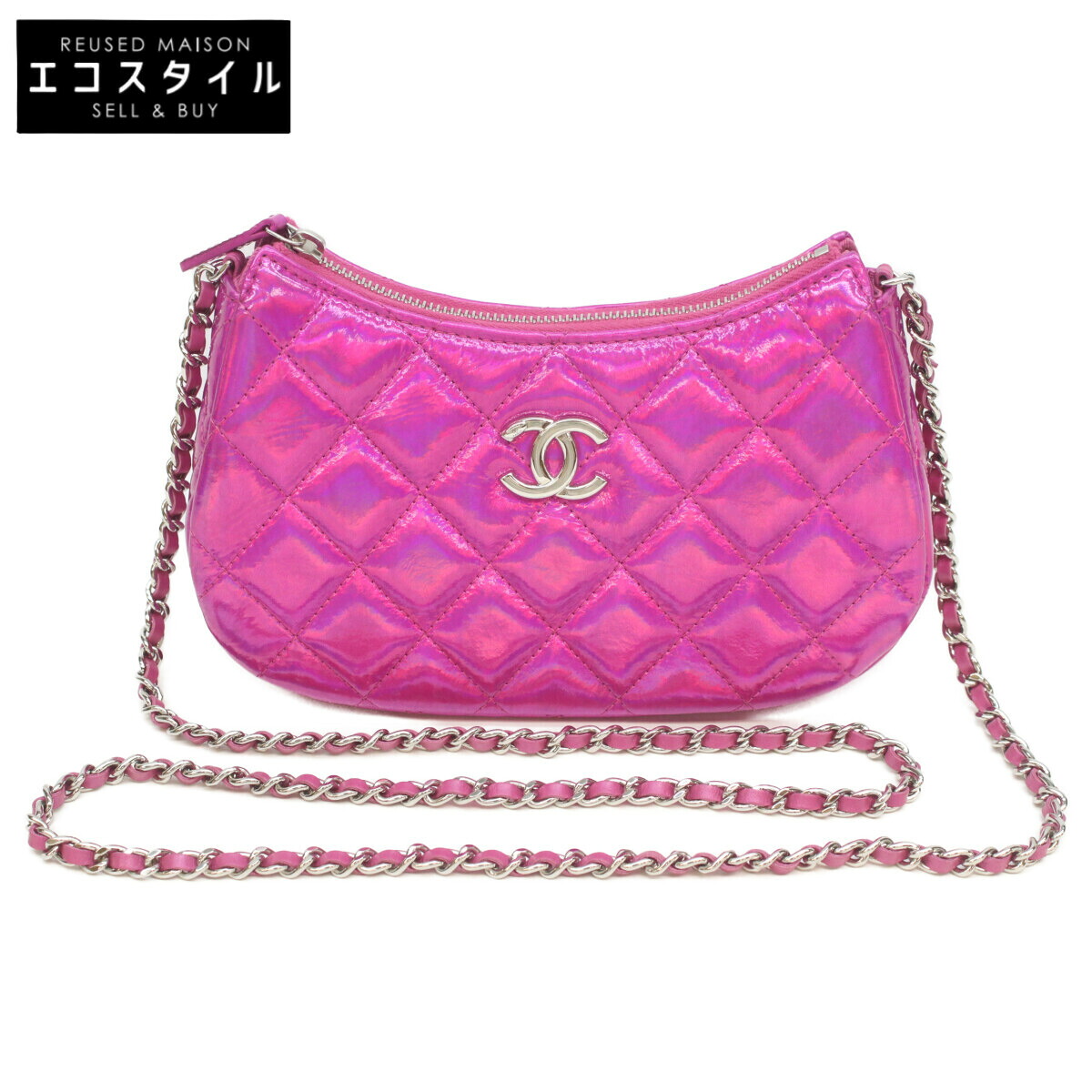 CHANEL シャネル AP3691 24C サクラ色 イリディッセント 鏡鑑 ゴートスキン しろがね色金具 ミニホーボー チェーンショルダークラッチ レディース 【中古】