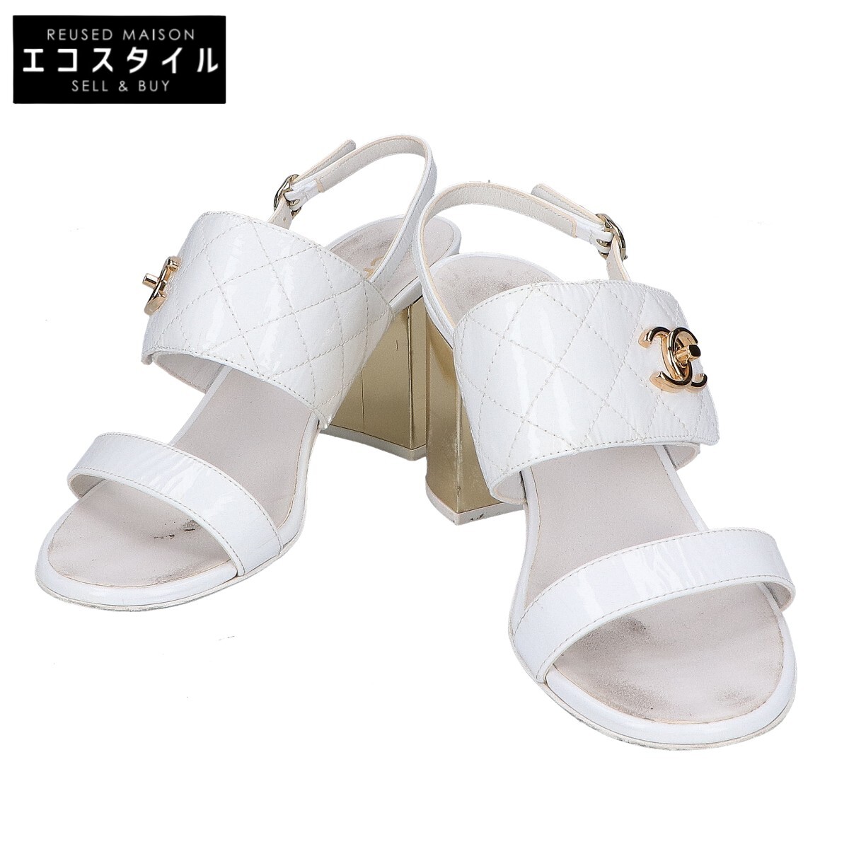 CHANEL シャネル ココマークターンロック マトラッセ 専売特許 サンダル シューズ 36 1/2C 白いこと/ゴールド レディース 【中古】