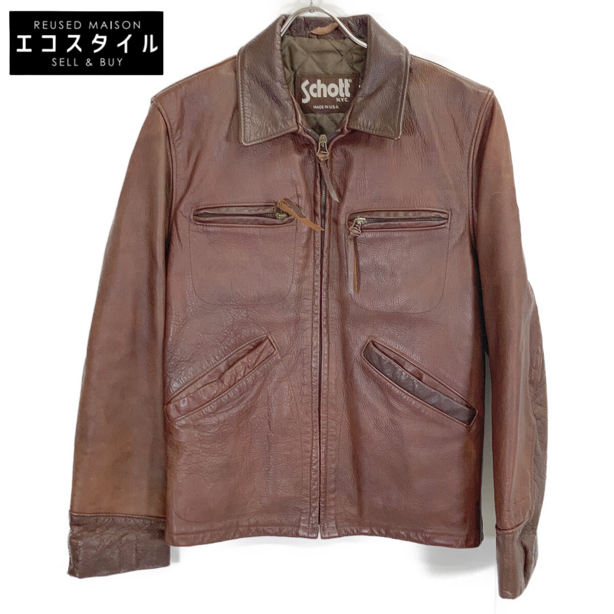 SCHOTT ショット Lot.634 USA製 ﾌﾞﾗｳﾝ ｼﾝｸﾞﾙﾚｻﾞｰﾄﾗｯｶｰｼﾞｬｹｯﾄ ジャケット 36 ブラウン メンズ 【中古】