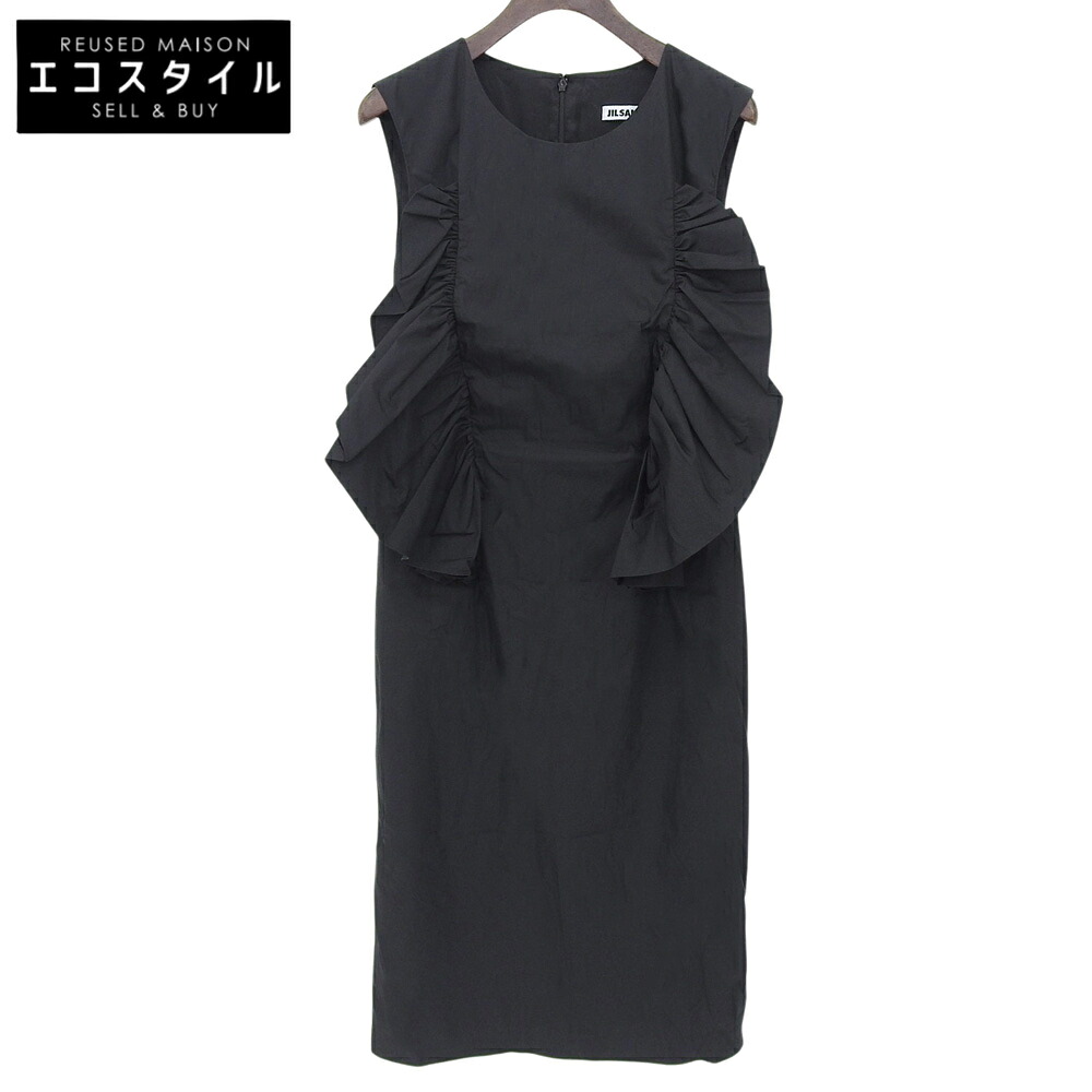 JILSANDER ジルサンダー 綿織物×ナイロン フラウンスひな形 バックジップ ノースリーブ衣裳 レディース 黒 黒いこと 36 衣裳   36 黒いこと レディース 【中古】