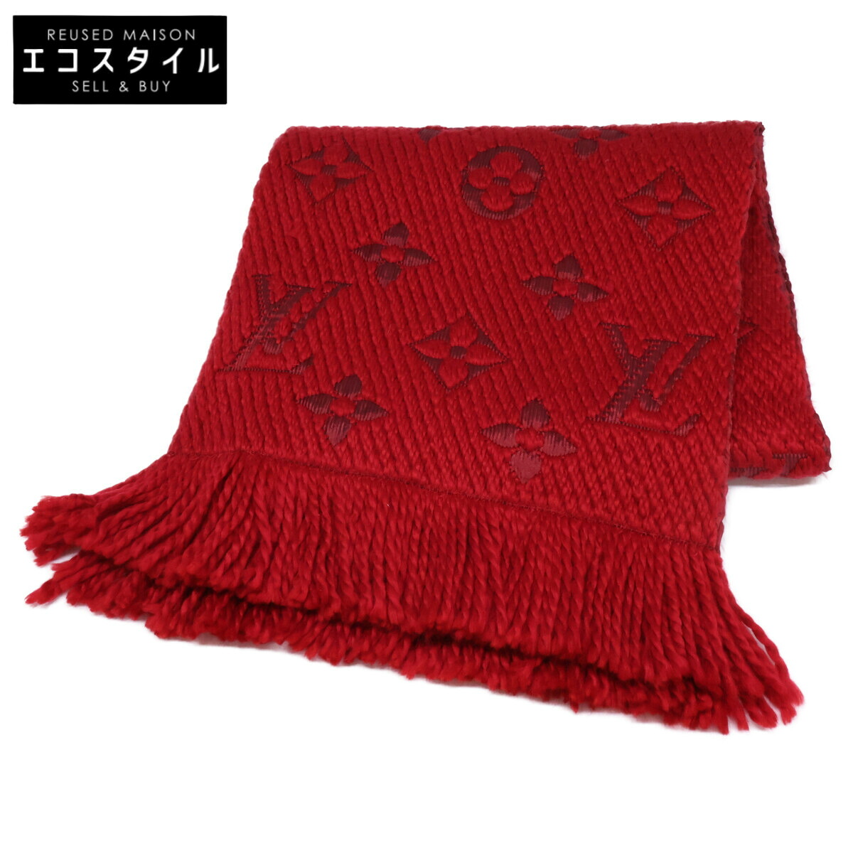 LOUIS VUITTON ルイヴィトン M72432 エシャルプ・ロゴマニア ウール/シルク フリンジ マフラー レッド レディース 【中古】