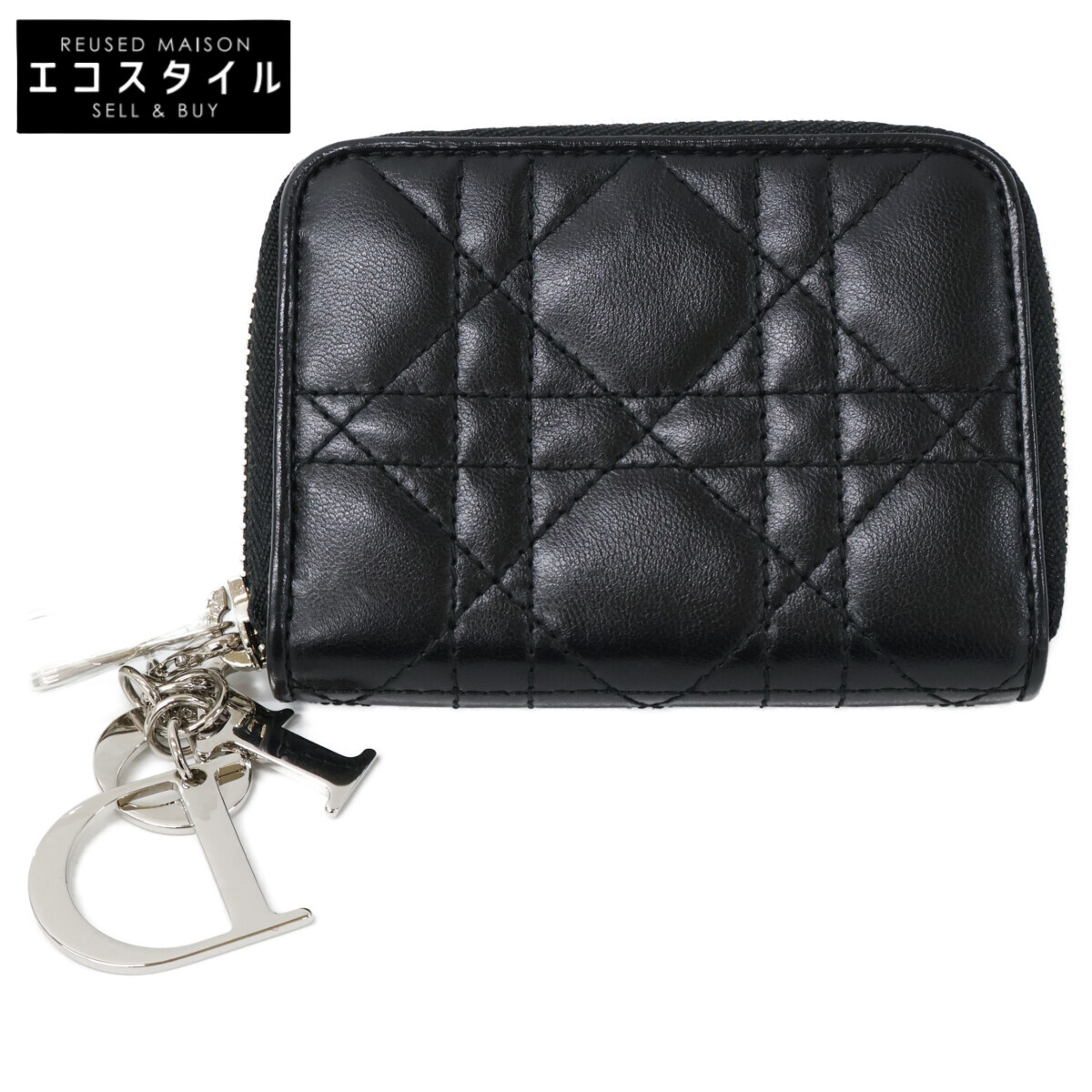 DIOR クリスチャンディオール 【美品】レディディオール 子ヒツジ人はだ カナージュ ラウンドチャック 歌留多容れもの   黒いこと/しろがね色 レディース 【中古】