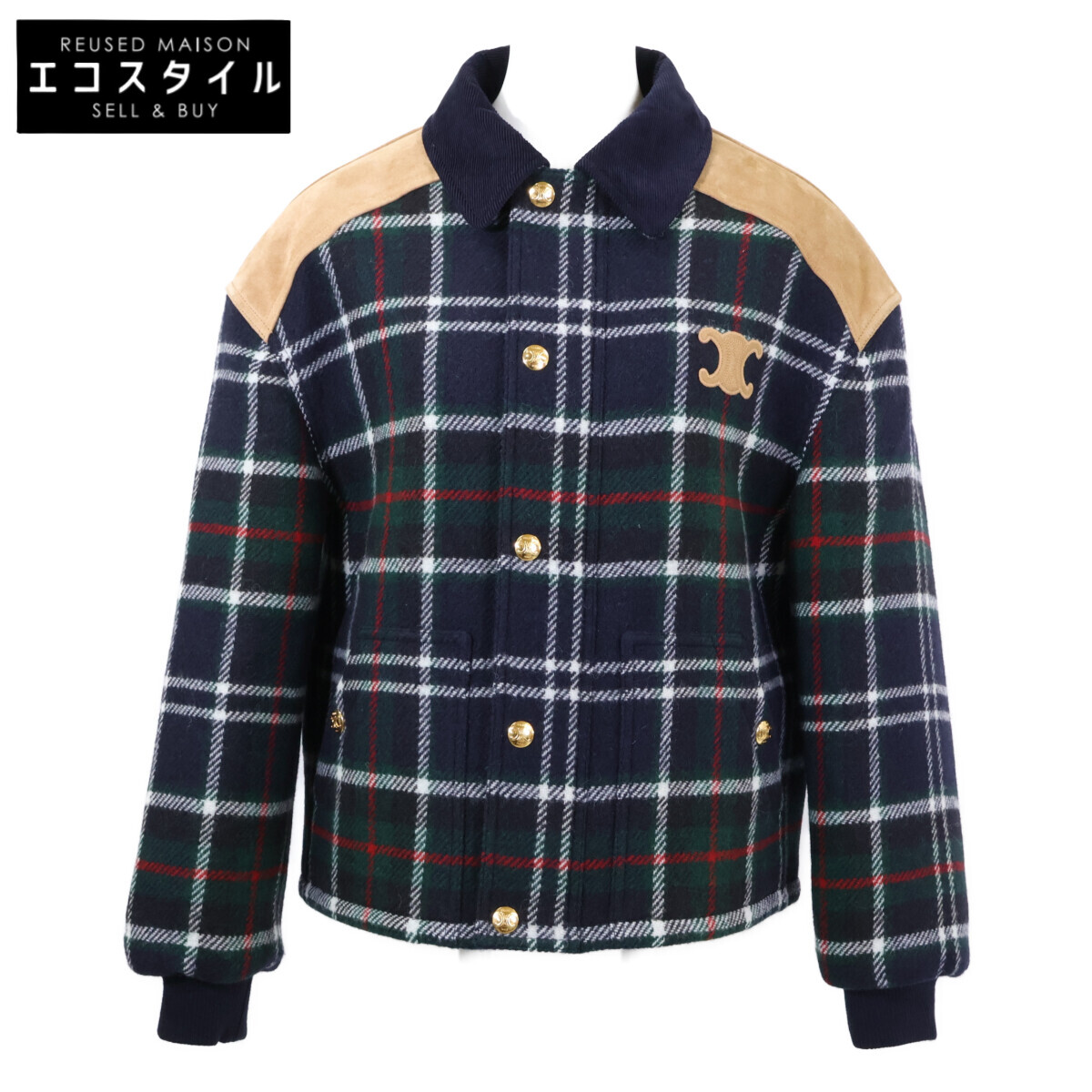 CELINE セリーヌ 【美品/国内定め事】RV0R20645.GAN0 トリオンフ タータンチェック 羊毛 上衣 36 緑であること レディース 【中古】