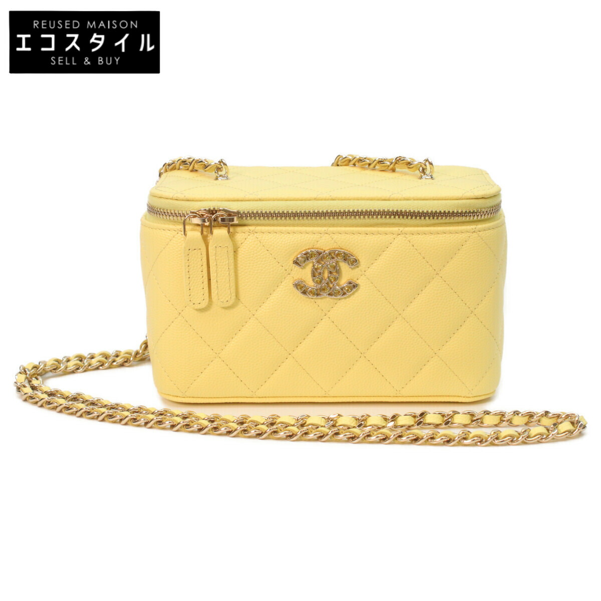 CHANEL シャネル AP4530 黄色 キャビア ゴールド金具 マトラッセ ショルダーバニティ ハートラインストーンココマーク レディース 【新品負けず劣らず】