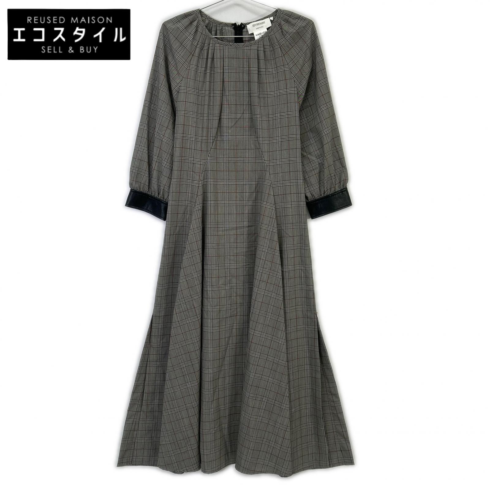 SPORTMAX スポーツマックス ｸﾞﾚｰ ﾁｪｯｸ 袖ﾚｻﾞｰ切り替え ﾛﾝｸﾞﾜﾝﾋﾟｰｽ ワンピース 40 グレー レディース 【中古】