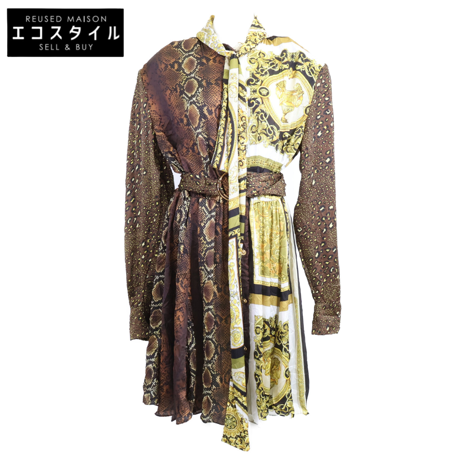 GIANNI VERSACE ジャンニ ヴェルサーチ 美品 A88498 メデューサ釦 メデューサアニマルバロック柄 ボウタイベルテッドフレア ワンピース 48 ブラウンxホワイト レディース 【中古】
