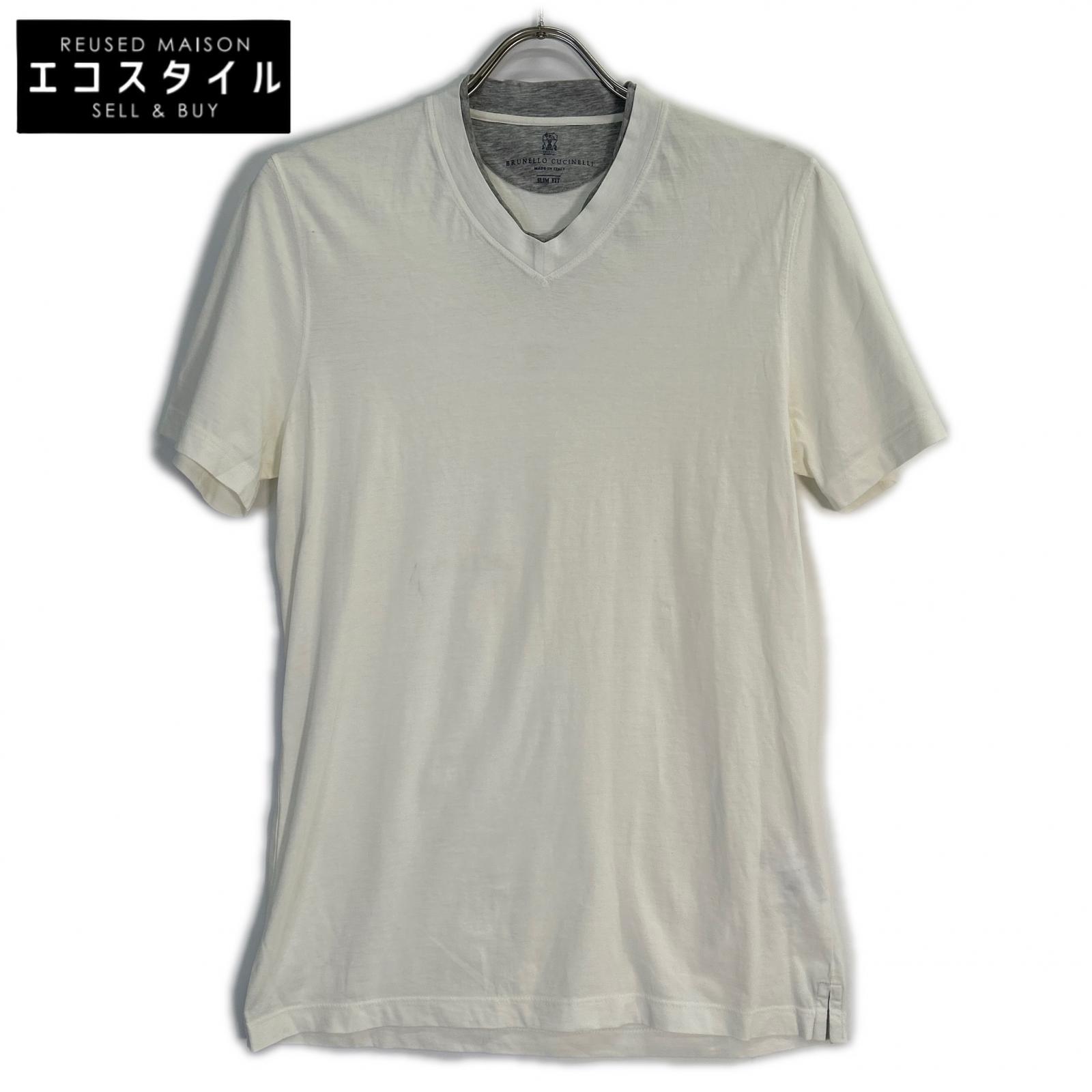 BRUNELLO CUCINELLI ブルネロクチネリ ｱｲﾎﾞﾘｰ DW9228221 SLIM FIT ｺｯﾄﾝ Tｼｬﾂ トップス XS ホワイト×グレー メンズ 【中古】