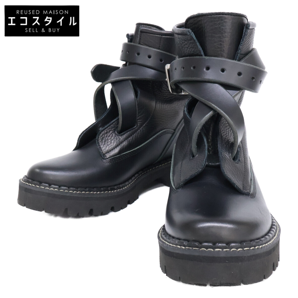 Y\u0027s ワイズ YR-E04-704 COMBI LEATHER BELT BOOTS 二人組 なめし革 三尺帯 ブーツ/ シューズ 6 黒いこと レディース 【中古】