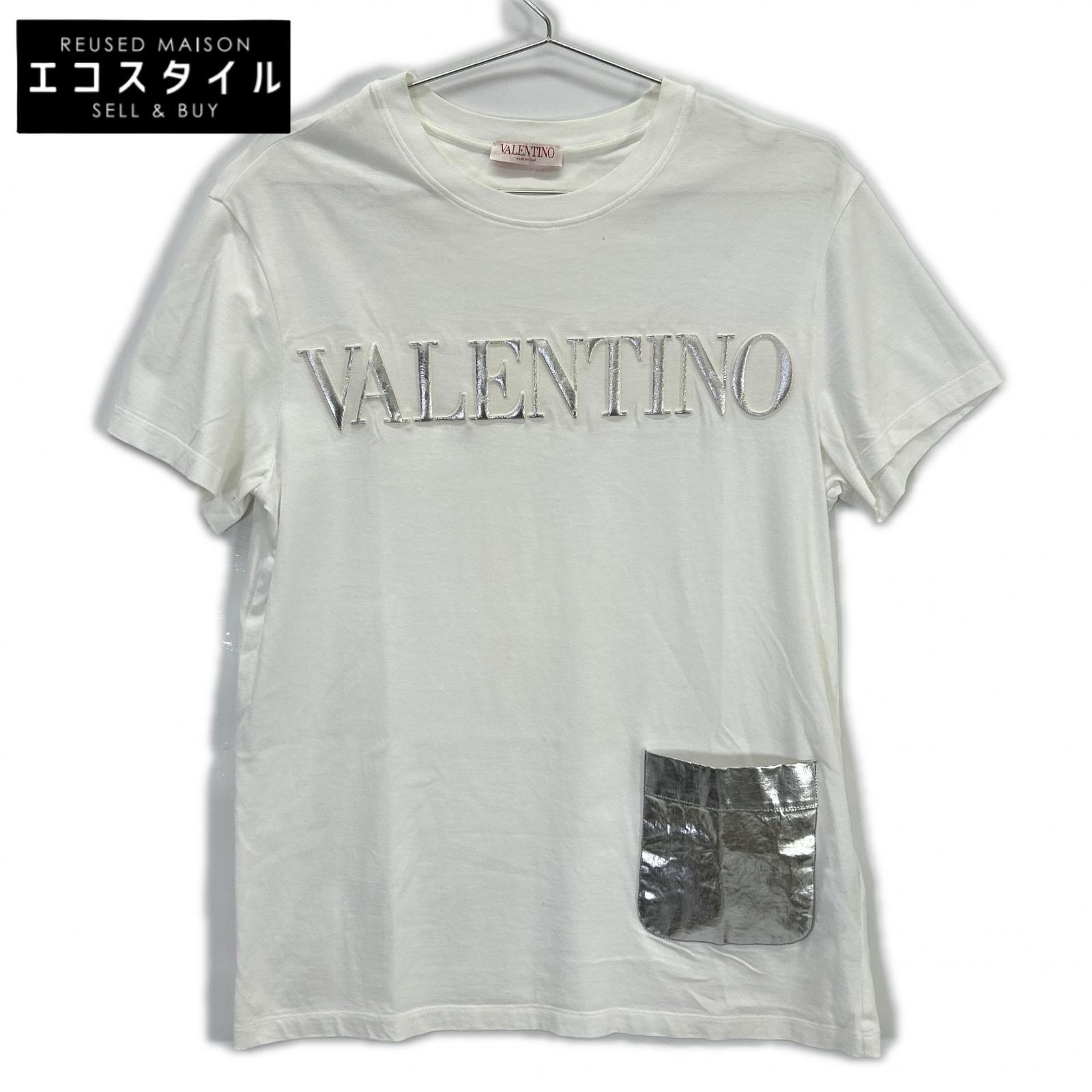 VALENTINO ヴァレンティノ XV3MG10V84N ﾎﾜｲﾄ ｴﾝﾎﾞｽﾗﾐﾈｰﾄﾎﾟｹｯﾄ ﾛｺﾞ刺繍 Tｼｬﾂ トップス ホワイト レディース 【中古】