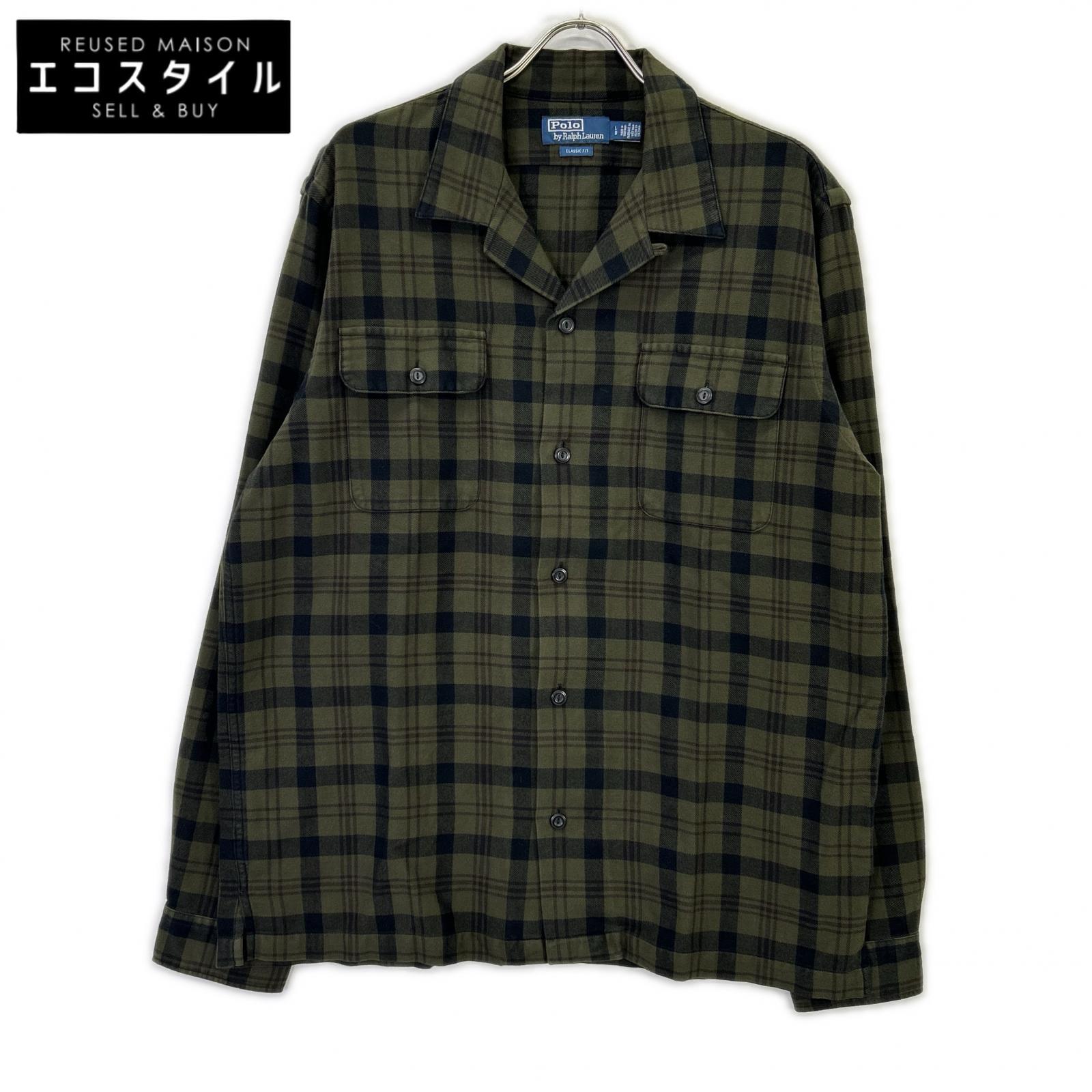 POLO RALPH LAUREN ポロ ラルフローレン ｶｰｷ ｸﾗｼｯｸ ﾌｨｯﾄ ﾁｪｯｸ ﾌﾗﾝﾈﾙ ｷｬﾝﾌﾟｼｬﾂ トップス L カーキ メンズ 【中古】