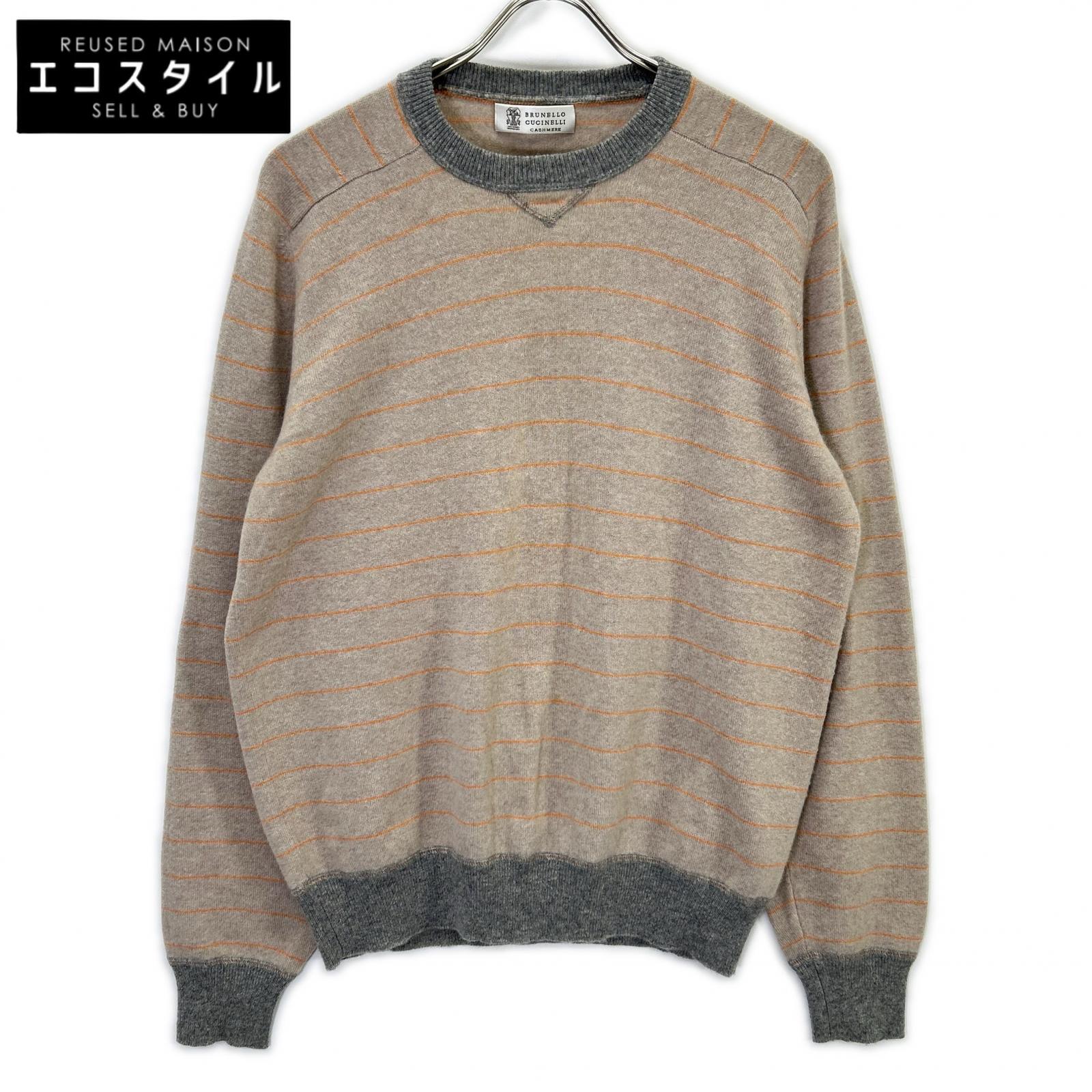 BRUNELLO CUCINELLI ブルネロクチネリ ﾍﾞｰｼﾞｭ系 ｶｼﾐﾔ ﾎﾞｰﾀﾞｰ 長袖ﾆｯﾄ トップス ベージュ メンズ 【中古】