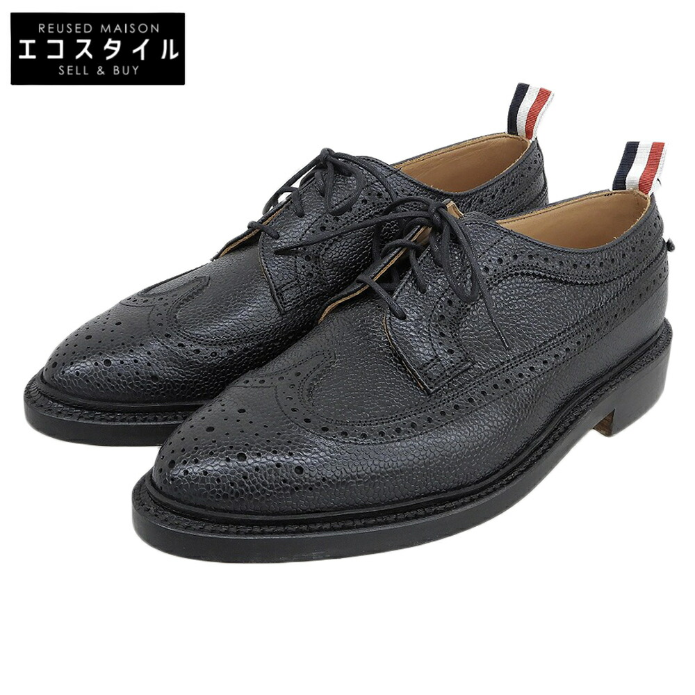 THOM BROWNE トムブラウン 新品同様 シボ ロングウィング フルブローグ ダービーシューズ メンズ 黒 ブラック 8.5 シューズ 8.5(US) ブラック メンズ 【中古】