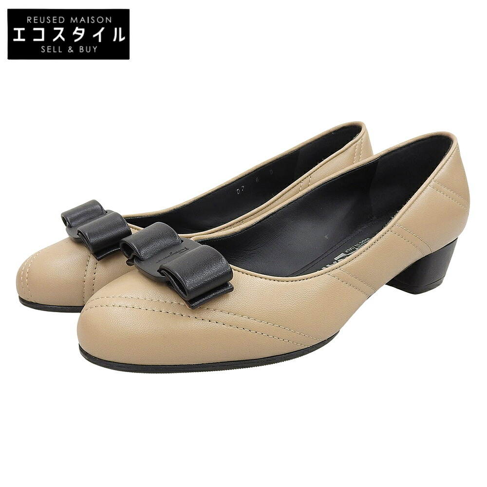 Salvatore Ferragamo サルヴァトーレフェラガモ 新品同様 ナッパカーフ ヴァラリボン ステッチデザイン チャンキーヒールパンプス 0750370 シューズ 6D ベージュ/ブラック レディース 【中古】