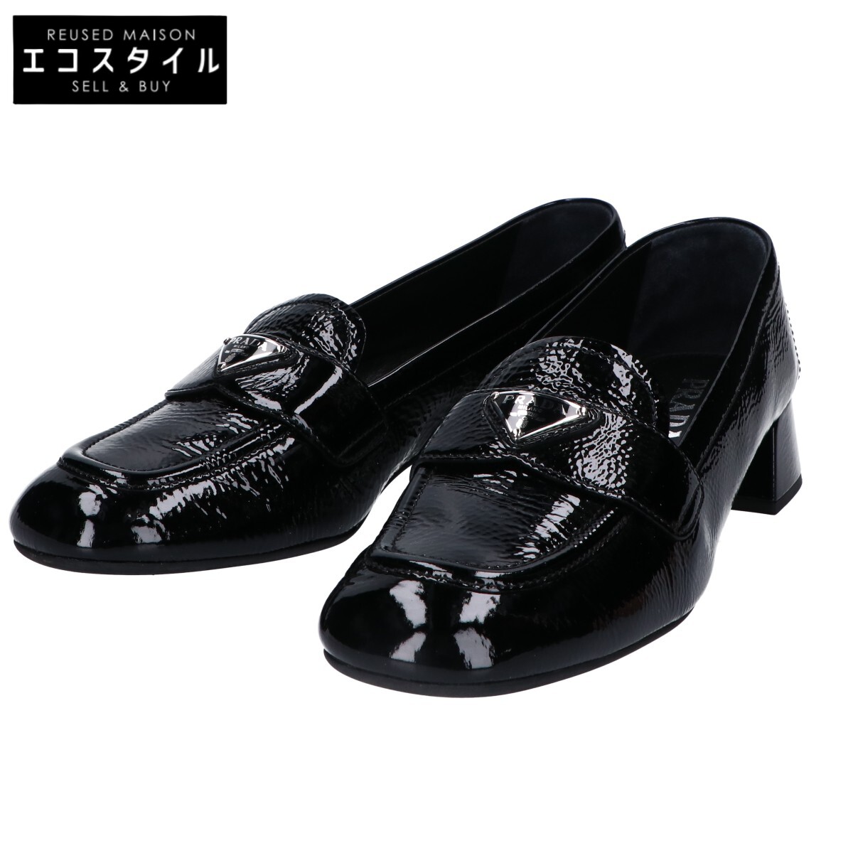 PRADA プラダ 美品 ﾌﾞﾗｯｸ ﾄﾗｲｱﾝｸﾞﾙﾛｺﾞ ﾊﾟﾃﾝﾄ ﾛｰﾌｧｰ シューズ 39 1/2 レディース 【中古】