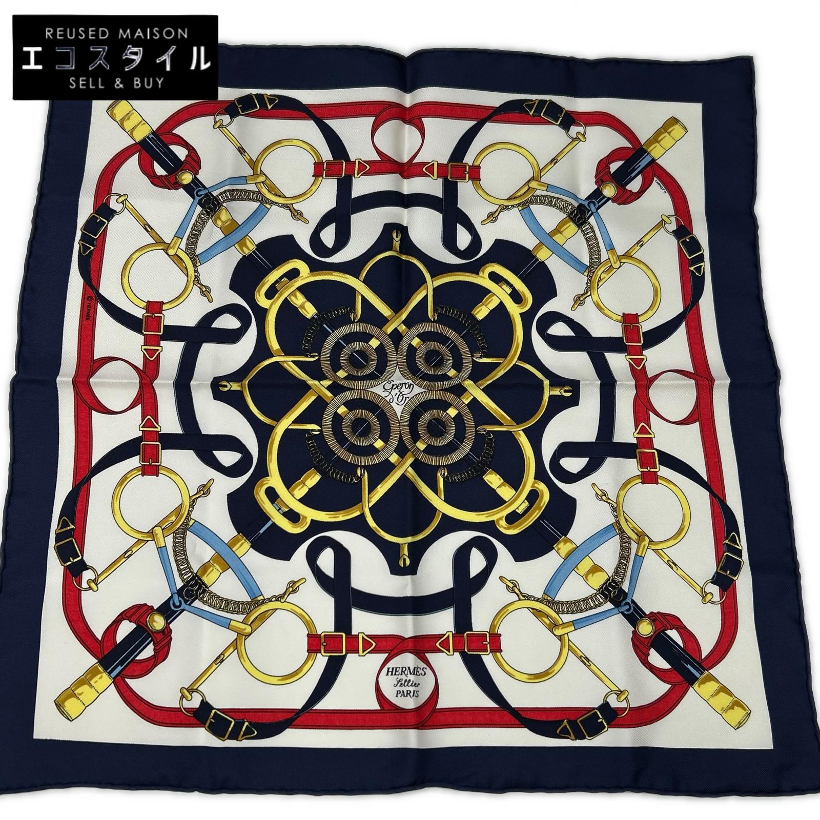 HERMES エルメス ｶﾚ40 ｴﾌﾟﾛﾝﾄﾞｰﾙ ｼﾙｸ100 ｽｶｰﾌ スカーフ ホワイト×ネイビー レディース 【中古】