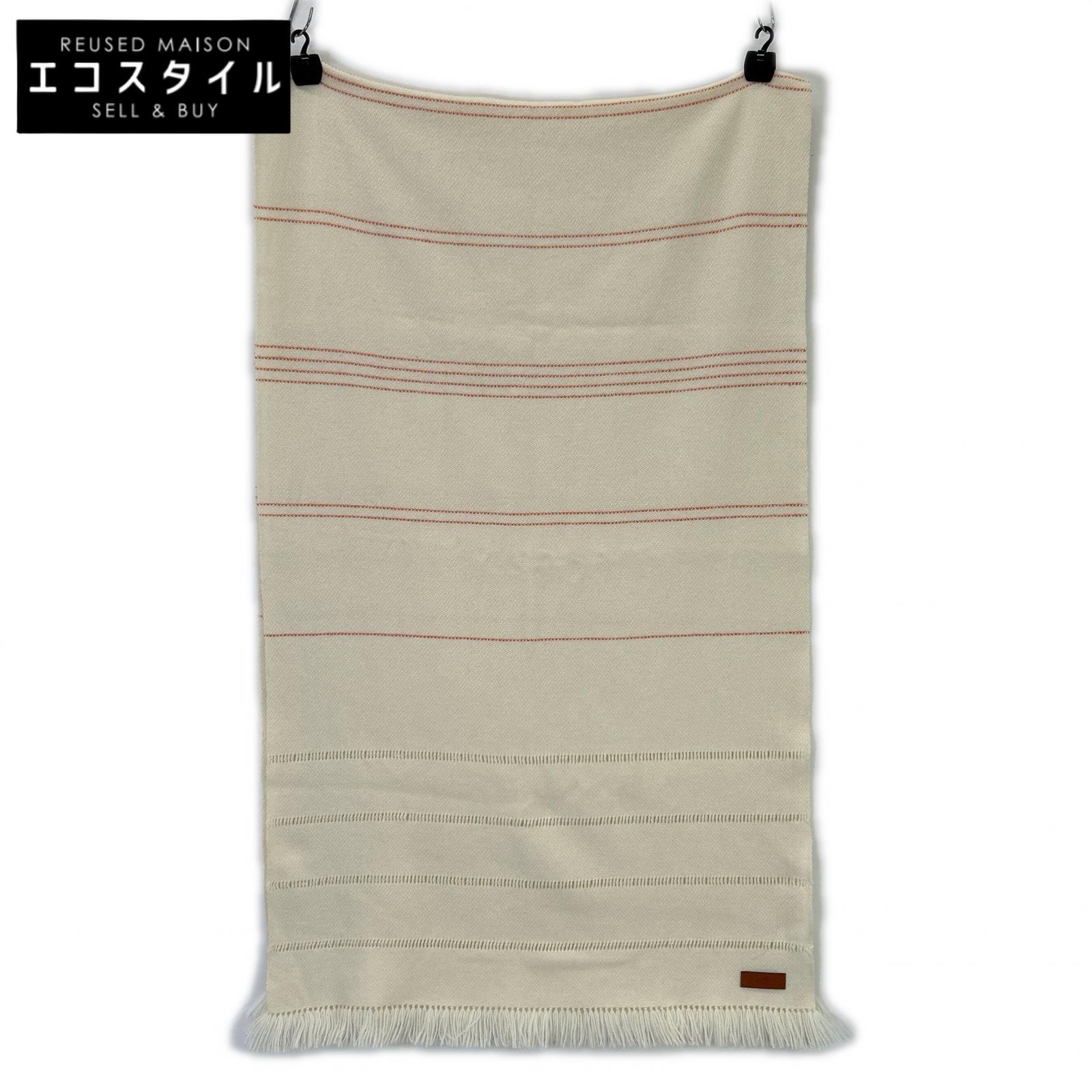 HERMES エルメス ｶｼﾐﾔ100% ﾎﾞｰﾀﾞｰ ﾌﾘﾝｼﾞ ﾏﾌﾗｰ えり巻き 象牙色 レディース 【中古】