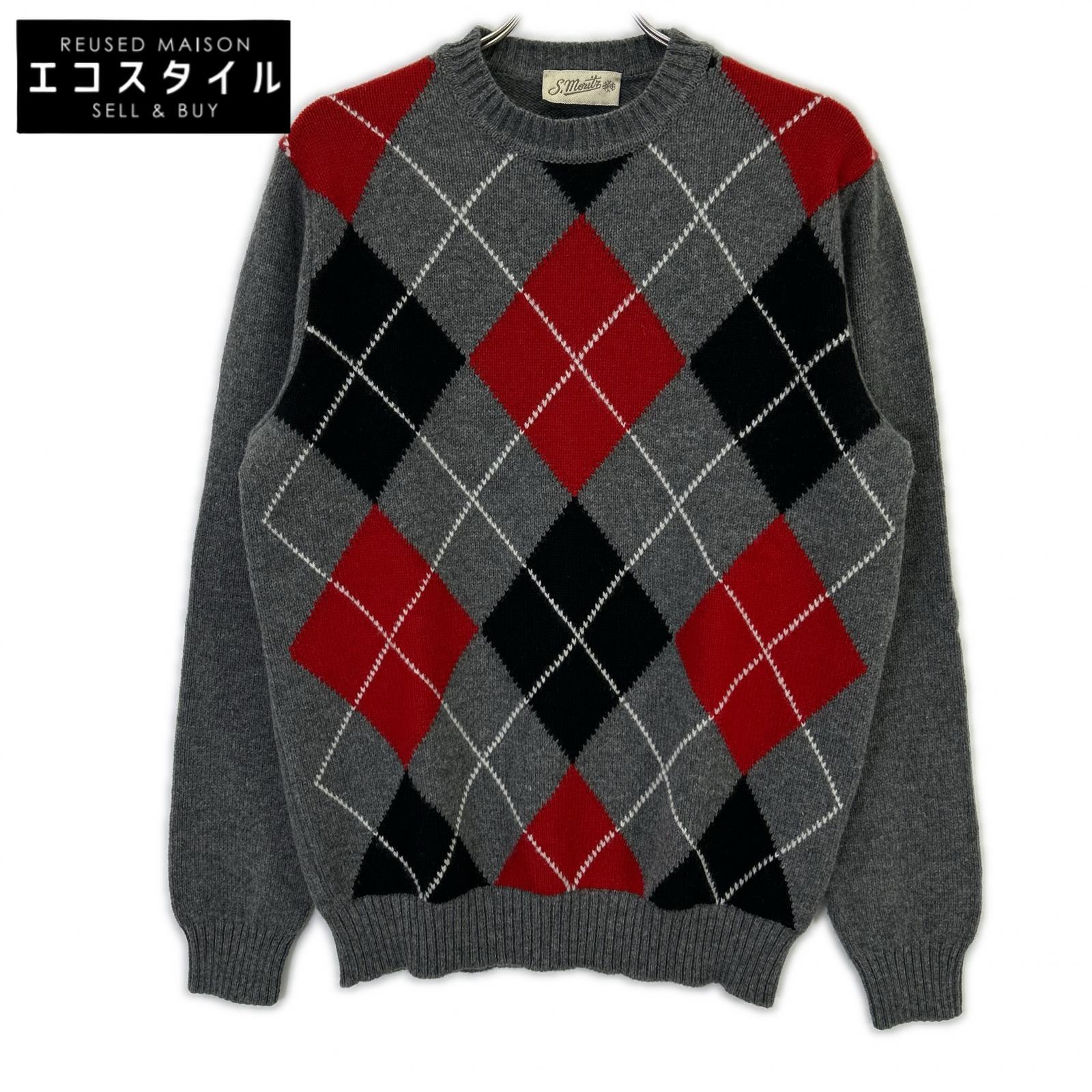 St.moritz サンモリッツ 薄墨色 羊毛×カシミール アーガイル クルーネックニット トップス   薄墨色×赤いこと×黒いこと メンズ 【中古】
