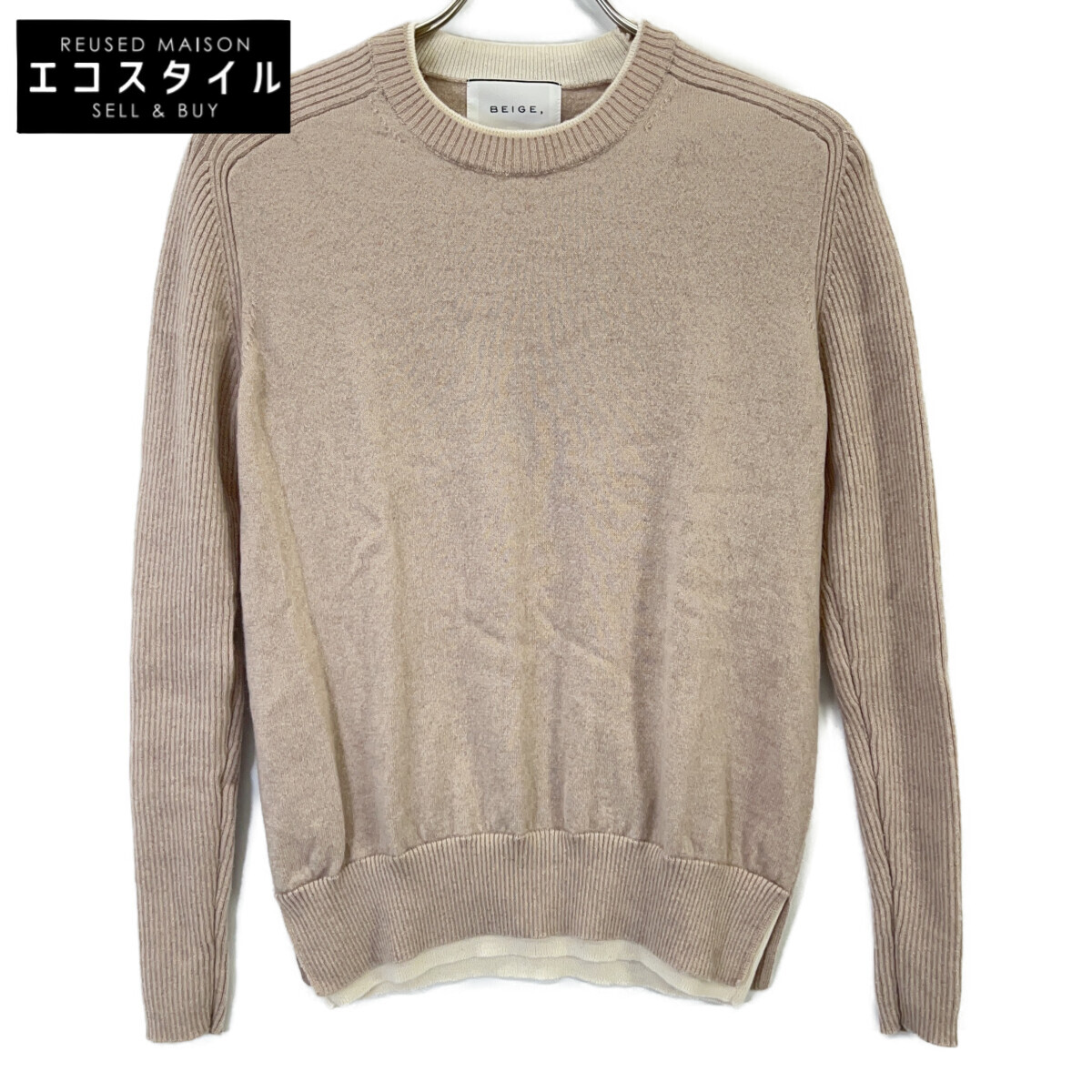 BEIGE ベイジ 薄墨色 洗える POMPE 羊毛カシミール色彩設計リブクルーネック トップス   4 ベージュ レディース 【中古】