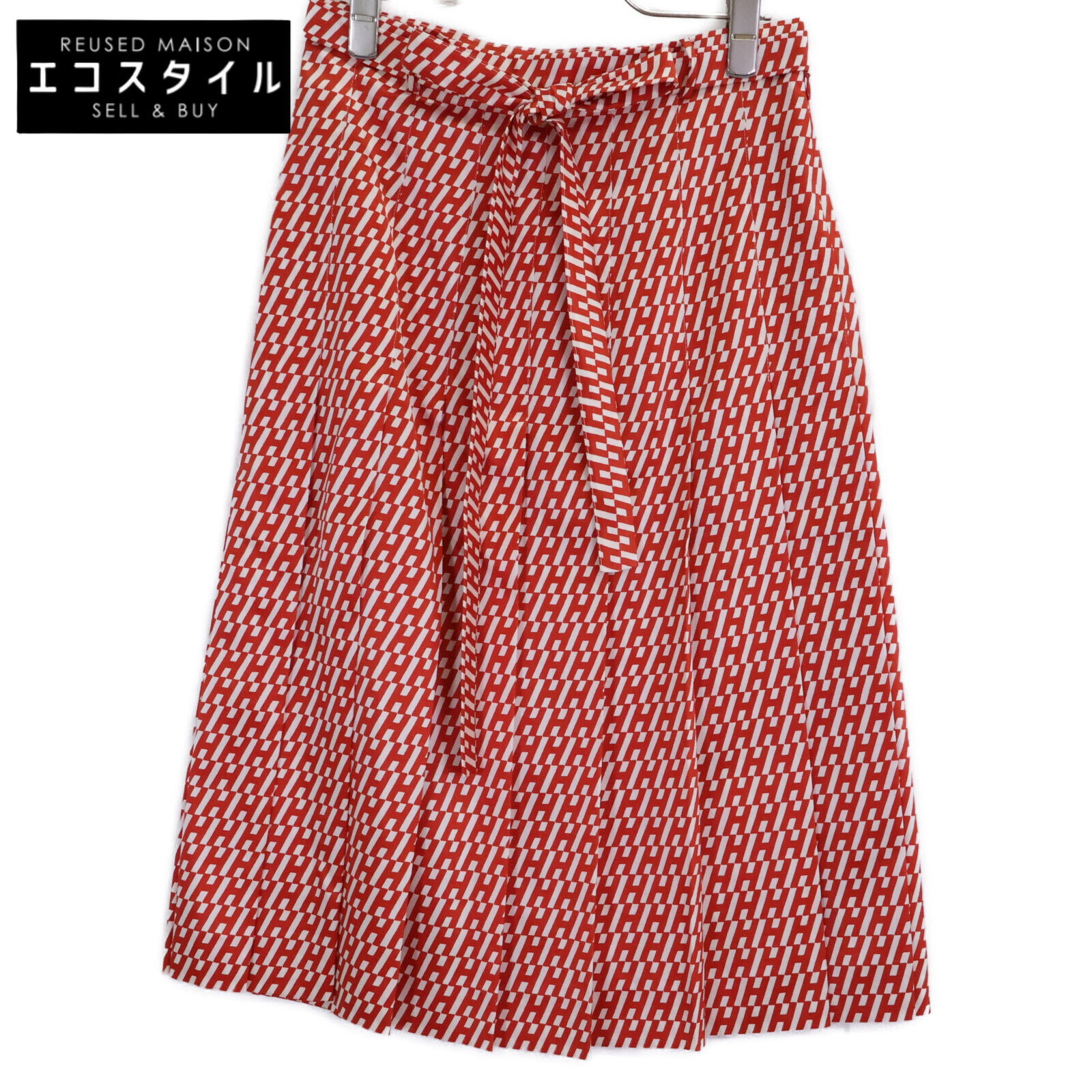 HERMES エルメス 新品負けず劣らず 国内定め事 RE EDITION1973 5H0399DQ 羊毛地絹 H総柄 ベルテッドタックフレア スコート   36 赤いことx白いこと レディース 【中古】