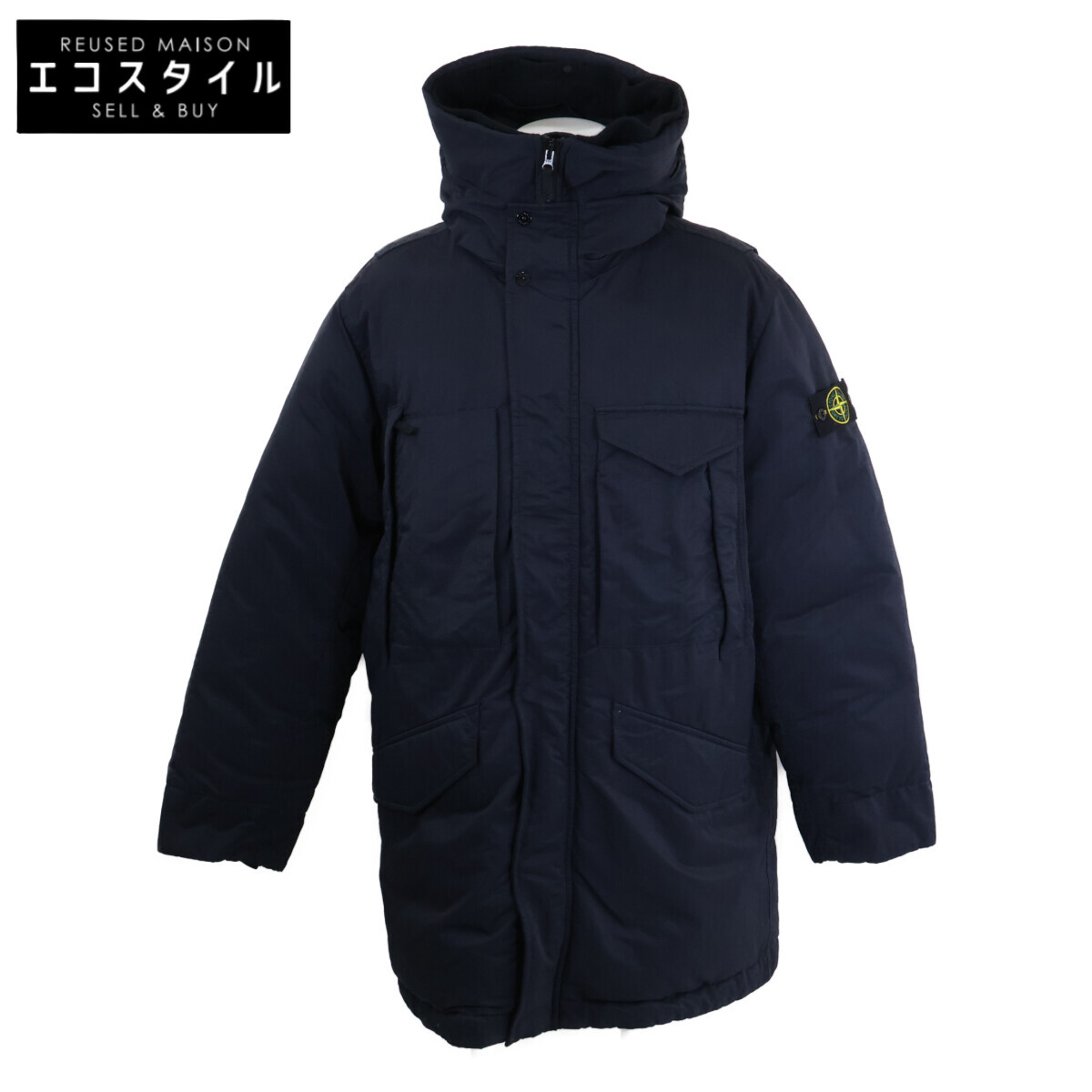 STONE ISLAND ストーンアイランド 美品 国内正規 771570821 OPAQUE NYLON TWILL DOWN-TC JACKET/コンパスパッチ フーデッドダウンジャケット ジャケット L ネイビー メンズ 【中古】｜ブランドリユース エコスタイル