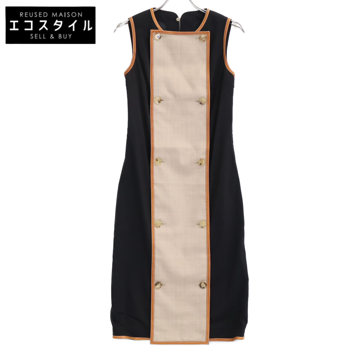 BURBERRY バーバリー フロントボタン レザーパイピング ノースリーブ ワンピース ブラック/ベージュ レディース 【中古】｜ブランドリユース エコスタイル